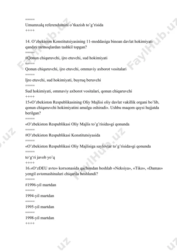 an ==== parlament palatali bo‘lishi mumkin emas ==== qo‘shma majlis vaqtida bir palatali, alohida majlislar o‘tkazilganda ikki palatali ++++ 30. qonunchilik palatasi nechta deputatdan iborat? ==== #150 nafar ==== 120 nafar ==== 130 nafar ==== 250 nafar ++++ 31.o’zbekiston respublikasi prezidenti saylovi tog’risida”gi qonuni qachon qabul qilingan? ==== 1994 yil 26 mart ==== 1991yil 29 dekabr ==== #1991 yil 18 noyabr ==== 1991yil 24 sentabr ++++ 32. o‘zbekiston respublikasi prezidenti tomonidan senatning necha nafar a'zosi tayinlanadi? ==== 20 nafar ==== 10 nafar ==== #16 nafar ==== 25 nafar ++++ 33. o‘zbekiston respublikasida saylovlarni tashkil etish va o‘tkazish bo‘yicha doimiy organ, bu … ==== vazirlar mahkamasi ==== o‘zbekiston respublikasi konstitutsiyaviy sudi ==== o‘zbekiston respublikasioliy majlisi ==== # markaziy saylov komissiyasi ++++ 34. fuqarolik jamiyati shakllanishiga nimalar asos qilib olindi? ==== #adolat tamoyillariga izchil rioya qilish qoidasi ==== turli dinlarning erkin faoliyat yuritishi ==== xorijiy mamlakatlar bilan yaqin aloqalar ==== chet el …