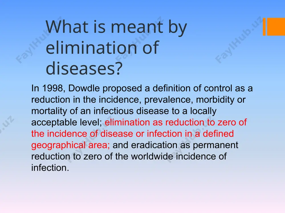 tuation are the common objectives of all nations some diseases that can be eliminated: elimination of rabies is set as goal in latin american regions by 2015 and in the south-east asia and west- pacific regions by 2020 according to who some diseases that can be eliminated: criteria for disease elimination: biological and technical feasibility natural history of biological agent non-human reservoir effective intervention tool effective delivery strategy simple and practical diagnostic sensitive surveillance field-proven strategies criteria for disease elimination: costs and beneﬁts cases averted per year coincident beneﬁts intangible beneﬁts estimated annual direct savings estimated total external ﬁnancing criteria for disease elimination: societal and political consideration political commitment social support disease burden in politically unstable areas core partnerships and advocates technical consensus donor base in summary, elimination and eradication programs are laudable goals, but they carry with them an awesome responsibility. there is no room for failure. careful and …