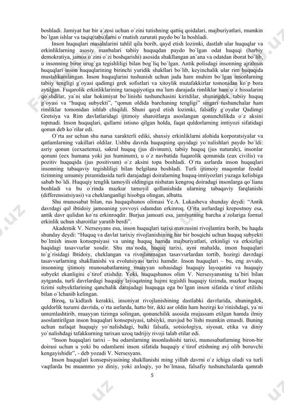 mokratizm, mehribonlik tushunchalarini aks ettirib, shaxsning davlat bilan munosabatlarida ustuvor o‘rinni asos qilib oldi. huquqiy davlat - bu inson huquqlari sohasidagi xalqaro standartlar bo‘yicha yashovchi, tegishli qonunlarga ega bo‘lgan, samarali davlat tizimiga ega, va inson huquq va erkinliklari haqida aniq ma’lumotga ega, eng muhimi shu huquqlarga ehtiyoj sezadigan fuqarolarga ega davlatdir. davlat, unda inson huquqlari qanchalik darajada tan olinishi, amal qilinishi, va himoya etilishiga qarab, shunchalik huquqiy deb atalishi mumkin. bu jihatdan inson huquqlari sohasidagi bilimlar katta ahamiyatga ega. ushbu kursni o‘qitish fanniing ilmiy metodlariga asoslangan bo‘lishi kerak. shu sababdan asoslarni bilish va ob’ektiv bilim olishining sharti bo‘lgan metodlarni to‘g‘ri qo‘llash katta ahamiyatga ega. o‘z navbatida umumiy va xususiy metodlar ajratiladi. umumiy metodlar asosida tabiat, fikrlash va jamiyatning umumiy rivojlanishiga doir qonuniyatlar yotadi. inson huquq va erkinliklari masalalarini o‘rganishda esa o‘z xarakteriga ko‘ra xususiy bo‘lgan metodlar ham qo‘llanadi. ularga quyidagilarni kiritish mumkin: 1) tizimli metod, bunda inson huquq va erkinliklari …
