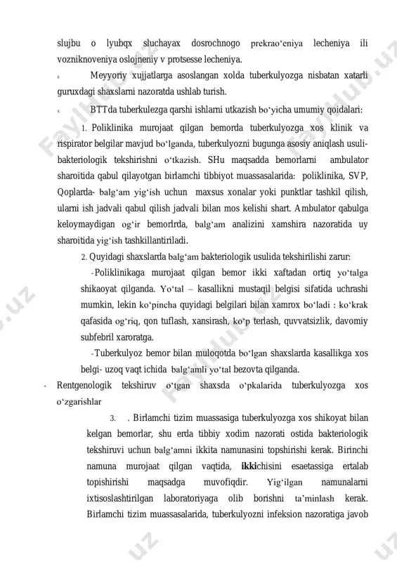aniqlash usuli- bakteriologik tekshirishni o‘tkazish. shu maqsadda bemorlarni ambulator sharoitida qabul qilayotgan birlamchi tibbiyot muassasalarida: poliklinika, svp, qoplarda- balg‘am yig‘ish uchun maxsus xonalar yoki punktlar tashkil qilish, ularni ish jadvali qabul qilish jadvali bilan mos kelishi shart. ambulator qabulga keloymaydigan og‘ir bemorlrda, balg‘am analizini xamshira nazoratida uy sharoitida yig‘ish tashkillantiriladi. 2. quyidagi shaxslarda balg‘am bakteriologik usulida tekshirilishi zarur: - poliklinikaga murojaat qilgan bemor ikki xaftadan ortiq yo‘talga shikaoyat qilganda. yo‘tal – kasallikni mustaqil belgisi sifatida uchrashi mumkin, lekin ko‘pincha quyidagi belgilari bilan xamrox bo‘ladi : ko‘krak qafasida og‘riq, qon tuflash, xansirash, ko‘p terlash, quvvatsizlik, davomiy subfebril xaroratga. - tuberkulyoz bemor bilan muloqotda bo‘lgan shaxslarda kasallikga xos belgi- uzoq vaqt ichida balg‘amli yo‘tal bezovta qilganda. - rentgenologik tekshiruv o‘tgan shaxsda o‘pkalarida tuberkulyozga xos o‘zgarishlar 3. . birlamchi tizim muassasiga tuberkulyozga xos shikoyat bilan kelgan bemorlar, shu erda tibbiy xodim nazorati ostida bakteriologik tekshiruvi uchun balg‘amni ikkita namunasini topshirishi kerak. birinchi namuna …