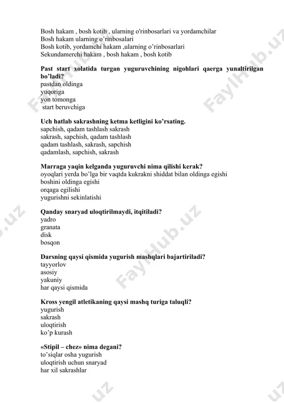 ish, yugurish, uchish, depsinish depsinish, yugurish, uchish, yerga tushish uchish, yugurish, depsinish, yerga tushish 1-olimpiadaning mezboni qaysi davlat edi? gretsiya indiya angliya amerika 42 km 195 metrga yugurishni nimaligini aniqlang? marafon yugurish kross stadionning uzunligi 24 stadiyga yugurish yugurishda yuqori texnikani ko’rsatishning omillaridan biriga nima kiradi? yugurishning to’g’ri chiziqligi zigzag ko’rnishli yugurish kichik qadamlar bilan yugurish tempni almashtirib yugurish mushaklarning faoliroq samarada ishlashi uchun nima yaxshiroq sharoit yaratadi? erkin yugurishni bilish, zaruratlarsiz kuchli xayajoanganda bosim ostida yugurish tishlanib olib yugurish yugurish fazalarini aniqlang. start, start tezlanishi, masofa bo’ylab yugurish, marra marra, start, start tezlanishi, masofa bo’ylab yugurish start, marra, masofa bo’ylab yugurish, start tezlanishi start tezlanishi, marra, masofa bo’ylab yugurish, start uloqtirishning qaysi turida to’g’ri chiziqda yugurib kelishda bajariladi? nayza disk bosqon yadro start chiziqidan birinchi tirgak qancha masofada o’rnatilishi zarur? chiziqdan 1,5 oyoq izi masofa orqada chiziq ustida xech qanday ahamiyati yo’q chiziqdan 0,5 oyoq izi orqada yengil atletikaning …