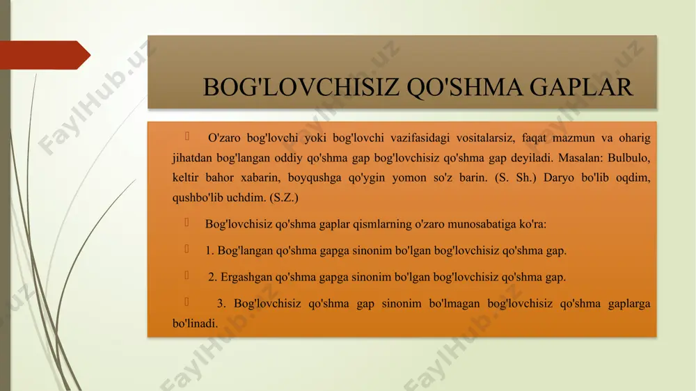 ovchisiz qo'shma gaplarda tinish belgini izohlash. masalan: osmon yiroq, yer qattiq. (maqol.) bu gap maqsadiga ko'ra darak gap, tuzilishi va grammatik asosining miqdoriga ko'ra qo'shma gap, qismlarining bog'lanish va semantik munosabatiga ko'ra bog’lovchisiz qo'shma gap ,ohang yordamida ikki soda gap o'zaro bog'langan, ular orasiga vergul qo'yiladi. murakkab qo'shma gap uch va undan ortiq sodda gaplarning mazmuni va grammatik jihatdan birikishidan tuzilgan qo'shma gap murakkab qo'shma gap deyiladi. bu qo'shma gapning oddiy qo'shma gaplardan farqi shundaki, agar oddiy qo'shma gaplar tarkibida ikkita sodda gap kelsa, murakkab qo'shma gapning tarkibida uch va undan ortiq sodda gaplar o'zaro birikib keladi. masalan: biz shuni yaxshi bilamizki, millatlararo nizolar yaxsilikka olib kelmaydi. (gazetadan.) yillar o'tgach, yaxshilik urug'i unib chiqadi va biz undan manfaatdor bo'lamiz. keltirilgan misollaming birinchisi ikkita sodda gapdan hosil bo'lgan (oddiy qo'shma gap), ikkinchisi esa uchta sodda gapdan tuzilgani uchun murakkab qo'shma gapdir. ergashish yo'li bilan tuzilgan murakkab qo'shma gaplar tarkibidagi ikkitadan ortiq …