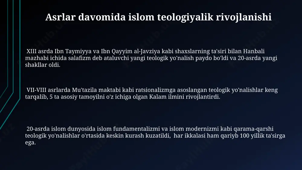 ҳанафий фиқҳий мактаби билан чамбарчас боғлиқ бўлиб, таълимотида 5 асосий ақидавий масала, жумладан, аллоҳнинг сифатларига оид таълимотларни ўзига хос талқин қилади. hanafiy, malikiy, shafoiy va hanbali mazhablari ҳанафий мазҳаби, жумладан, 4та мазҳаб орасида энг кенг тарқалган бўлиб, фиқҳий масалаларни ҳал қилишда ақл ва қиёснинг ролини таъкидлайди, 150 дан ортиқ китоб билан бойитилган. моликий мазҳаби, мадинада шаклланган бўлиб, асосан қуръон ва суннатга асосланган, ҳукм чиқаришда 11-асрлик машҳур муфтийларининг ижтиҳодларига алоҳида эътибор қаратади. шофеъий мазҳаби, қуръон ва суннатдан ташқари, саҳиҳ ҳадислар ва саҳобаларнинг амалларига асосланган бўлиб, фиқҳий масалаларда 4та асосий услубдан – қуръон, суннат, ижмо ва қиёсни – фойдаланади. islom teologiyalik yo'nalishlari maturidiylik maktabi, abu manzur al-maturidiy tomonidan yaratilgan, ash'ariylikka yaqin bo'lsa-da, ba'zi nuqtalarda farq qilgan va asosan hanafiy mazhabida rivojlangan. ash'ariylik maktabi, 10-asrda abu’l-hasan al-ash’ariy tomonidan asos solingan, mu'tazilaga qarshi chiqib, xudoning qudratini va xususiyatlarini qabul qilishni ta’kidlagan. ushbu maktab 2 ta asosiy yo'nalishga bo'lingan. islom teologiyasida 8-asrda paydo bo'lgan mu'tazila …