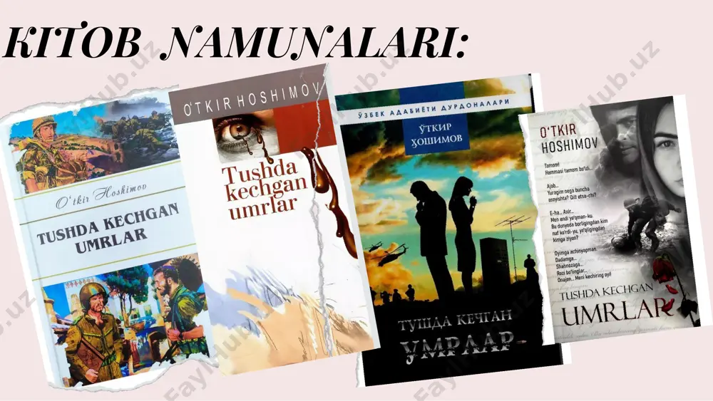 arning jazolanishi... har bir kitobxonning qalbida nafrat uyg'otadi. u otasining izidan borib, sovet komissari bo'lib yetishadi. yoshligidan ko'plab insonlarning (mahalladoshi husan, to'lagan) nohaq jazolanishiga sabab bo'lgan, bir ayolning nomusiga tekkan bu odam keksayganda ham pushaymon bo'lmaydi. u o'tgan umridan afsuslanmaydi. dunyoqarashini o'zgartirmaydi. komissar 70 yillik zulm saltanatining timsoli. u oddiy emas, o'ta xavfli manqurt. umrini nimaga sarflaganini bilmaydi, sog'ligi yomonlashib ishga yaramay qolsa ham har kungi yumushlarini qo'ymaydi. doktorlar man etishsaham o'z bilganidan qolmay kundalik tashvishlarini bilan band. bu ayolning umri ham xuddi tushdagidek mazmunsiz va behalovat kechdi. asar voqealar markazida turgan qahramonlar: rustam, uning otası, komissar soat g'aniyev, qurbonoy xola rustam o'qishni to'xtatib armiyaga ketadi. armiyadan esa urush bo'layotgan afg'onistonga jo'natiladi. u vatani va xalqi uchun emas, sovet hukumatining bosqinchilikdan iborat siyosiy manfaati uchun jang qildi. temur, hayriddin, kabi o'ziga o'xshash yosh yigitlarning afg'oniston hududida bekordan-bekorga o'lib ketishlariga, afg'onlarning urushdan katta azob ko'rayotganlariga guvoh bo'ldi. urush natijasida u kasallikka …
