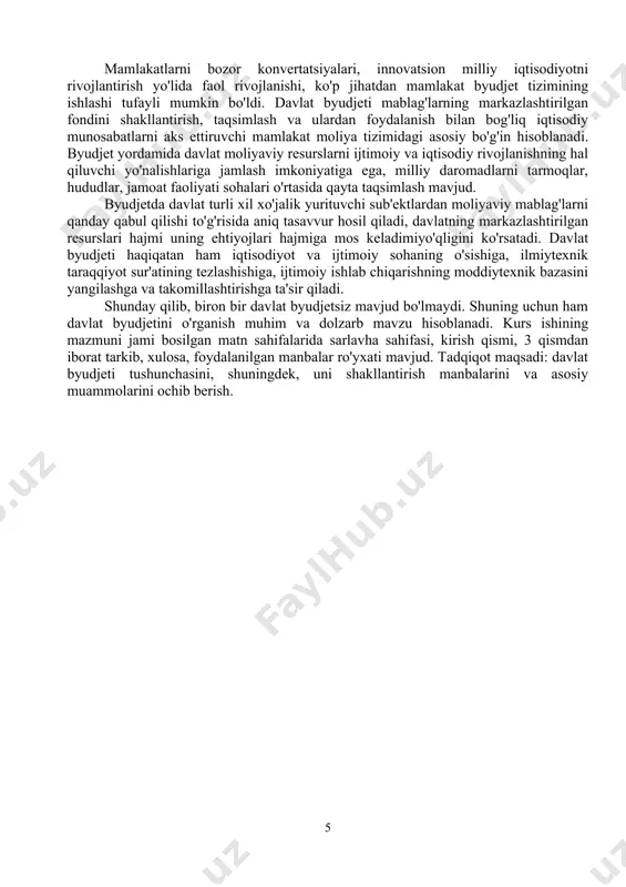 ydalanish bilan bog'liq iqtisodiy munosabatlarni aks ettiruvchi mamlakat moliya tizimidagi asosiy bo'g'in hisoblanadi. byudjet yordamida davlat moliyaviy resurslarni ijtimoiy va iqtisodiy rivojlanishning hal qiluvchi yo'nalishlariga jamlash imkoniyatiga ega, milliy daromadlarni tarmoqlar, hududlar, jamoat faoliyati sohalari o'rtasida qayta taqsimlash mavjud. byudjetda davlat turli xil xo'jalik yurituvchi sub'ektlardan moliyaviy mablag'larni qanday qabul qilishi to'g'risida aniq tasavvur hosil qiladi, davlatning markazlashtirilgan resurslari hajmi uning ehtiyojlari hajmiga mos keladimiyo'qligini ko'rsatadi. davlat byudjeti haqiqatan ham iqtisodiyot va ijtimoiy sohaning o'sishiga, ilmiytexnik taraqqiyot sur'atining tezlashishiga, ijtimoiy ishlab chiqarishning moddiytexnik bazasini yangilashga va takomillashtirishga ta'sir qiladi. shunday qilib, biron bir davlat byudjetsiz mavjud bo'lmaydi. shuning uchun ham davlat byudjetini o'rganish muhim va dolzarb mavzu hisoblanadi. kurs ishining mazmuni jami bosilgan matn sahifalarida sarlavha sahifasi, kirish qismi, 3 qismdan iborat tarkib, xulosa, foydalanilgan manbalar ro'yxati mavjud. tadqiqot maqsadi: davlat byudjeti tushunchasini, shuningdek, uni shakllantirish manbalarini va asosiy muammolarini ochib berish. i.bob. davlat byudjetining mazmuni, xususiyatlari va ahamiyati 1.1.davlat …