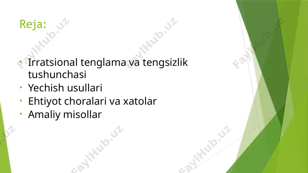 noma’lumni qabul qiladigan qiymatlar to’plami x ≥ 3 xulosa: irratsional tenglama va tengsizliklar algebraik ifodalarning murakkabroq turlaridan bo‘lib, ularni yechishda ildiz ostidagi ifodalar bilan ishlashga alohida e’tibor talab etiladi. bu turdagi masalalarni yechishda: ildiz ostidagi ifodaning aniqlik sohasini to‘g‘ri belgilash, tenglama yoki tengsizlikni quvvat orqali oddiylashtirish, yechimni orqadan tekshirish va begona ildizlarni chiqarib tashlash muhim bosqichlar hisoblanadi. mazkur mavzu nafaqat nazariy bilimlarni, balki mantiqiy fikrlash va ehtiyotkorlikni ham talab qiladi. shuning uchun irratsional ifodalar bilan ishlash ko‘nikmasi – algebraik masalalarni chuqur tushunish va hal qilishning muhim qismlaridan biridir. image1.png image2.png oleobject5.bin image7.emf oleobject6.bin image8.emf oleobject7.bin image9.emf oleobject8.bin image10.emf oleobject9.bin image11.emf oleobject1.bin image3.emf oleobject2.bin image4.emf oleobject3.bin image5.emf oleobject4.bin image6.emf image12.png image13.png image14.png image15.png image16.png 4 = x 7 4 5 2 - = - x x 2 2 ) 7 4 ( ) 5 2 ( - = - x x 7 4 5 2 - = - x x 1 …