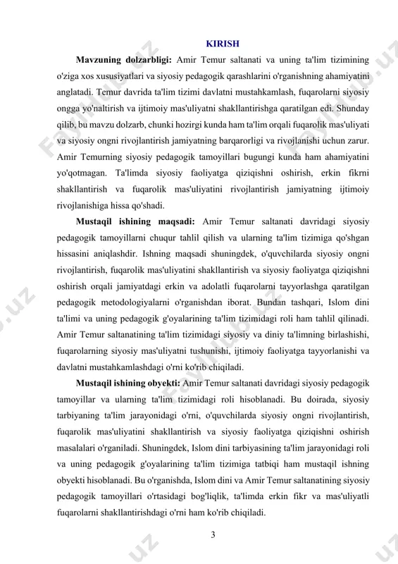 egiya sohasidagi bilimlari uning davlatni mustahkamlashdagi muvaffaqiyatini ta'minladi. shuningdek, uning ta'lim va madaniyatga bo'lgan katta e'tibori ham saltanatning rivojlanishida muhim rol o'ynadi. temur davlatida ilm-fan, san'at, va me'morchilik o'zining eng yuksak cho'qqisiga yetdi. bu davrda samarqand ilmiy va madaniy markazga aylandi va ko'plab olimlar, yozuvchilar, san'atkorlar va arhitektorlar ushbu yerda faoliyat ko'rsatdi. amir temur saltanatining siyosiy tuzilmasi ham o'ziga xos edi. u hukumatni markazlashtirishga intildi va o'zining qudratli armiyasi yordamida davlatni boshqarishda qat'iyatli siyosat yuritdi. temur hukmronligi ostida, davlatni boshqarishning eng muhim yo'nalishlaridan biri – siyosiy pedagogika edi. uning siyosiy qarashlari va ta'limga bo'lgan alohida e'tibori jamiyatda fuqarolik mas'uliyatini rivojlantirish va siyosiy ongni shakllantirishga yordam berdi. islom dini ham temur saltanati davlat tizimining asosiy qismlaridan biri bo'lib, uning siyosiy va ijtimoiy faoliyatida katta o'rin tutdi. temur ta'lim va tarbiyani, ayniqsa islom dini asosida tashkil etishni maqsad qilib qo'ydi, chunki u davlatni tashkil etishda islomning axloqiy va ijtimoiy tamoyillaridan foydalanishni muhim …