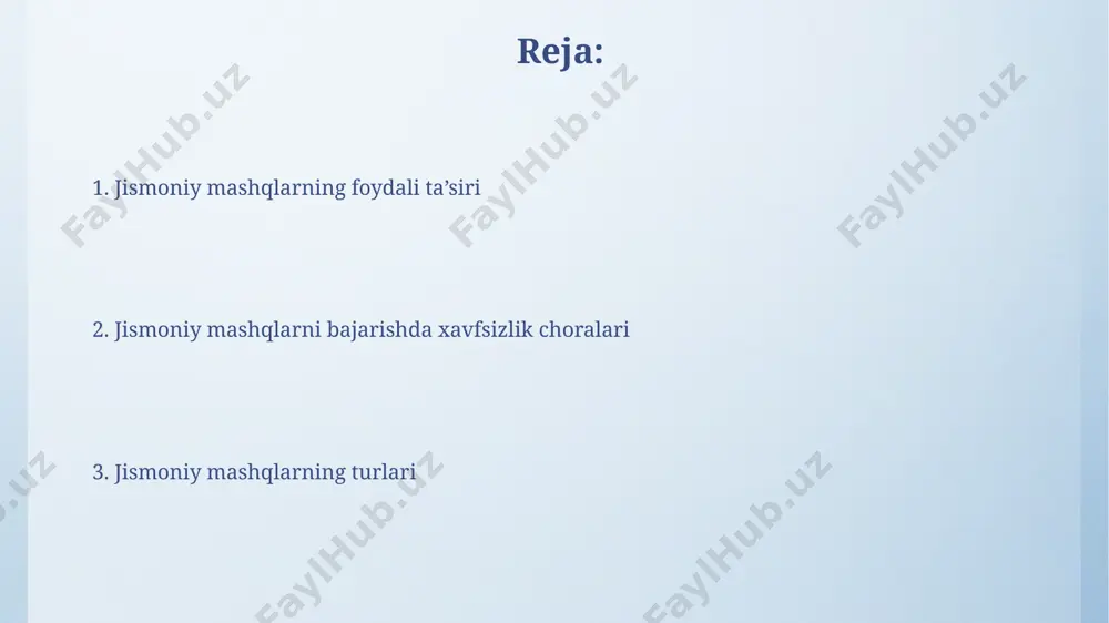 nal sportchilar uchun chastota yuqori bo'lishi mumkin. mashqlarning davomiyligi mashqlarning optimal davomiyligi yoshga, jismoniy tayyorgarlik darajasiga va mashq turi, masalan, yugurish uchun 30-60 minut, kuch mashqlari uchun esa 45-90 minut boʻlishi mumkin. davomiylikni asta-sekin oshirish, masalan, haftada 15 daqiqadan boshlash va har hafta 5-10 daqiqa qoʻshish, jarohatlar xavfini kamaytiradi va tanani moslashishga imkon beradi. tana holatini saqlash tana holatini yaxshilash va sog‘lom umurtqa pog‘onasini saqlash uchun umurtqa pog‘onasi egiluvchanligini oshiruvchi, masalan, yoga yoki pilates kabi mashq turlarini qo‘shish, haftasiga 2 marta 45-60 minut davomida tavsiya etiladi. tana holatini saqlash uchun muntazam ravishda kamida haftada 3-5 marta, har bir mashq 30-60 minut davom etadigan jismoniy mashqlar bilan shug‘ullanish tavsiya etiladi, bu esa mushaklarning kuchini va chidamliligini oshiradi. mushaklarning ishlashi aerobik mashqlar mushaklarning kislorod bilan ta'minlanishini yaxshilaydi, bu esa chidamlilikni oshiradi va mushaklarning laktat darajasini 20-30% ga kamaytiradi. mushaklarning kuchlanishi va bo'shashishi o'rtasidagi muvozanat, optimal ishlash uchun juda muhim bo'lib, 60% dan …