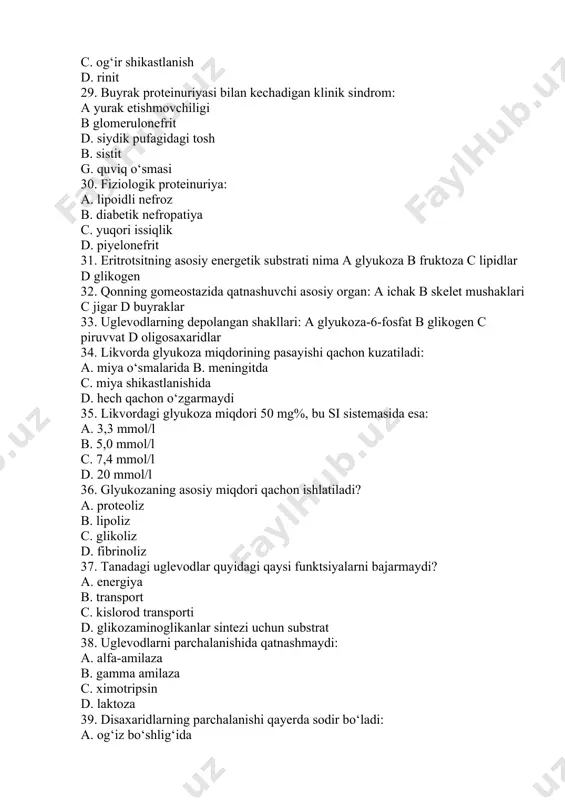 yuqorida aytilganlarning barchasi 48. qondagi glyukozani qaysi usul bilan aniqlash mumkin: a. glyukozooksidaz usuli b. elektrokimyoviy usul c. ortotoluidin usuli d hammasi sanab o‘tilgan javoblar 50. monosaxaridlar nima? a galaktoza b. laktoza c. kraxmal d. maltoz 51. alt 46 < ast 24 ed/l tashxis? a. norma b. gepatit b c. infarkt d. kolit 52. mieloma kasalligini qon klinik tahlili: a. hb-110g/l b. echt-60 mm/soat c. wbc-5.0×109/l, blastlar-10%, neytrofil-20%, limfotsitlar-70% d. hb-80g/l, neytrofillar mutloq soni-1,5×109/l 53. mieloma kasalligini klinik simptomlar: a. umumiy holsizlik, umurtqa pog‘onasidagi og‘riq b. umumiy holsizlik, qo‘l va oyoqlarning «kichik» bo‘g‘imlarida og‘riq c. o‘mrov suyagining patologik sinishi d. anemiya, siydikda oqsil, qonda kreatinin miqdorining oshishi 54. mieloma kasalligida monoterapiya preparatlari: a. fludarabin, siklofosfan, rituksimab b. rituksimab c. alkeran, prednizolon d. bortezomib 55. mieloma kasalligida og‘ir anemiyani davolash tartibi: a. o‘smaga qarshi terapiya b. qon zardobidagi ferritin, b12 vitamini, foliyni aniqlash c. eritropoez metabolizmining etishmovchiligi holatini to‘ldirish d. barchasi …