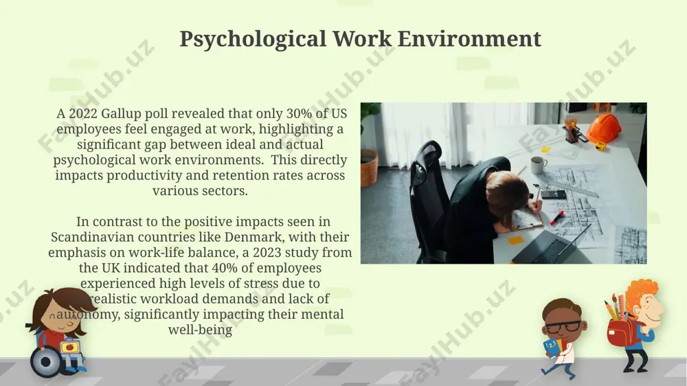 ence of headaches and eye strain, negatively impacting overall well-being. studies from the uk's health and safety executive show a 20% increase in reported stress and anxiety among employees in physically demanding jobs, like construction in london, compared to office-based roles. physical work environment temperature extremes, like those experienced in agricultural settings in california's central valley, where temperatures regularly reach 110°f (43°c) in summer, decrease worker efficiency by 20% or more and increase the risk of heatstroke, necessitating frequent breaks and specialized cooling equipment. noise levels exceeding 85 decibels, a common problem in many construction sites in london, uk, can cause permanent hearing loss in workers after prolonged exposure, impacting productivity and requiring costly hearing protection measures. thank you for your attention @taqdimot_robot image6.jpg image7.jpg image8.jpg image9.jpg image10.jpg image11.jpg image12.jpg image13.jpg image1.png