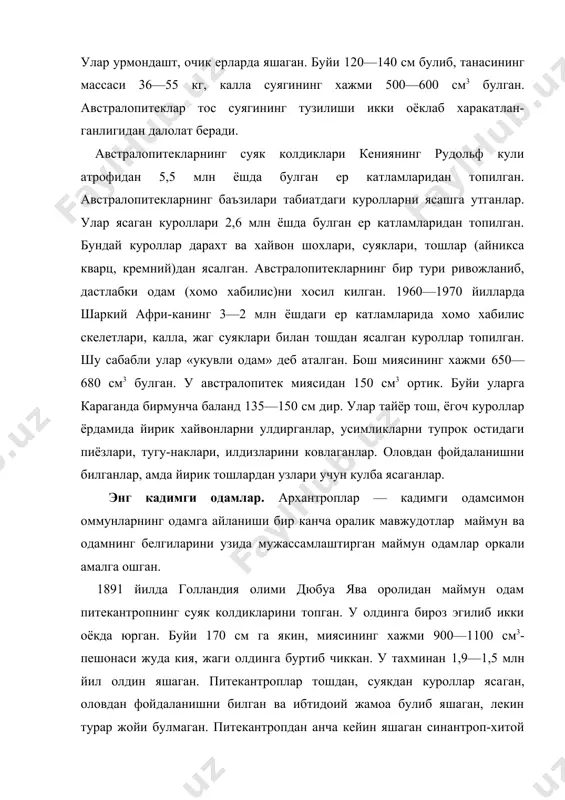 итекларнинг суяк колдиклари кениянинг рудольф кули атрофидан 5,5 млн ёшда булган ер катламларидан топилган. австралопитеклар​нинг баъзилари табиатдаги куролларни ясашга утганлар. улар ясаган куроллари 2,6 млн ёшда булган ер катламларидан топилган. бундай куроллар дарахт ва хайвон шохлари, суяклари, тошлар (айникса кварц, кремний)дан ясалган. австралопитекларнинг бир тури ривожланиб, дастлабки одам (хомо хабилис)ни хосил килган. 1960—1970 йилларда шаркий афри-канинг 3—2 млн ёшдаги ер катламларида хомо хабилис скелетлари, калла, жаг суяклари билан тошдан ясалган куроллар топилган. шу сабабли улар «укувли одам» деб аталган. бош миясининг хажми 650—680 см3 булган. у австралопитек миясидан 150 см3 ортик. буйи уларга караганда бирмунча баланд 135—150 см дир. улар тайёр тош, ёгоч куроллар ёрдамида йирик хайвонларни улдирганлар, усимликларни тупрок остидаги пиёзлари, тугу-наклари, илдизларини ковлаганлар. оловдан фойдаланишни билганлар, амда йирик тошлардан узлари учун кулба ясаганлар. энг кадимги одамлар. архантроплар — кадимги одамсимон оммунларнинг одамга айланиши бир канча оралик мавжудотлар маймун ва одамнинг белгиларини узида мужассамлаштирган маймун одам​лар оркали амалга ошган. …