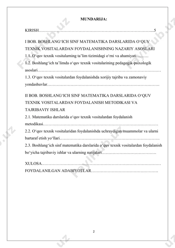 oniga zamonaviy uslublarni joriy etish, o‘quvchilarda mustaqil fikrlash va amaliy ko‘nikmalarni rivojlantirish, iqtidorli yoshlarni qo‘llab-quvvatlash va raqobatbardosh mutaxassislarni tayyorlash masalalariga alohida e’tibor qaratilgan. bugungi kunda ta’lim tizimida matematika fanini samarali o‘qitish orqali kelajak avlodning tafakkur doirasi va ijodiy qobiliyatlarini rivojlantirish ustuvor vazifa sifatida qaralmoqda. shu bilan birga, boshlang‘ich sinf matematika ta’limida innovatsion yondashuvlarni joriy etish, ta’lim samaradorligini oshirish va o‘quvchilarni dars jarayoniga faol jalb qilish kabi masalalar dolzarb ahamiyat kasb etmoqda. mavzuning dolzarbligi shundan iboratki, boshlang‘ich ta’lim bosqichi bolalarning keyingi ta’lim bosqichlaridagi muvaffaqiyati uchun poydevor vazifasini o‘taydi. shu bois boshlang‘ich sinflarda matematika fanini o‘qitishda o‘quv texnik vositalaridan foydalanish alohida ahamiyat kasb etadi. chunki zamonaviy texnik vositalar ta’lim jarayonida darslarning samaradorligini oshirish, o‘quvchilarni mavzuga qiziqtirish, ularning ijodkorligi va tafakkurini rivojlantirishga xizmat qiladi. o‘quv texnik vositalari o‘quvchilarda mavzuni tezroq va mukammalroq o‘zlashtirish imkonini beradi hamda ta’lim jarayonining samaradorligini oshiradi. shuningdek, ular bilimlarni mustahkamlash, ko‘nikmalarni shakllantirish va amaliyotga tatbiq qilishda muhim omil bo‘lib …