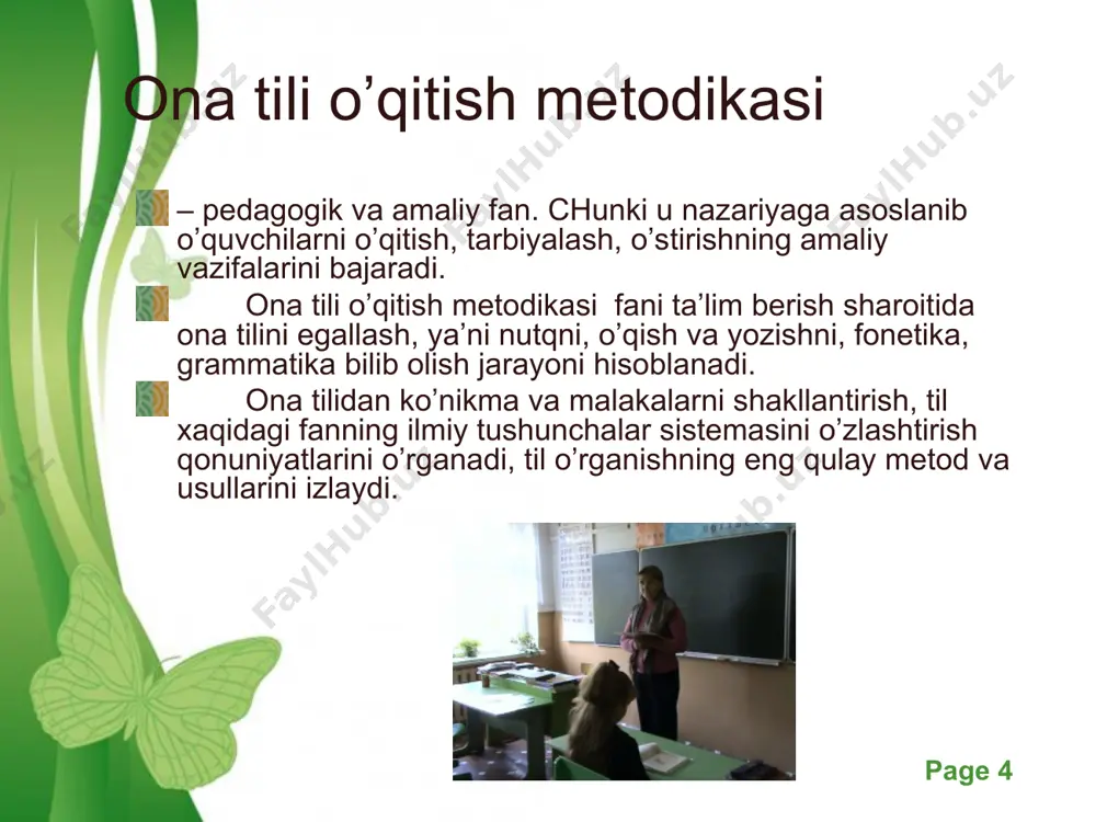 iy xulosa chiqarishga, nazariy ta’rif va koidaga, shular asosida og’zaki va yozma turdagi jonli nutqiy aloqaga, to’g’ri talaffuzga o’tadilar. ular kuzatish jarayonida bilib olgan, o’zlashtirgan qoidalarini amaliyotga tatbiq etadilar. ona tili o’qitish free powerpoint templates page * metodika bilish nazariyasidan tashqari, yaqin fanlar xususan, psixologiya, pedagogika ma’lumotlariga tayanadi. pedagogik-psixologiya bilimlarning o’quvchilar tomonidan o’zlashtirilishini, ko’nikma va malakalarning shakllanish jarayonini tekshiradi. metodika psixolingvistika bilan ham bog’liq. metodikaga psixolingvistika nutq haqida, uni talab qiluvchi sabablar, nutq turlari, nutqni qabul qiluvchi signallar va boshqalar haqida ma’lumot beradi. shuningdek, metodika, didaktika, umumiy pedagogika bilan ham o’zaro bog’liq. ona tili o’qitish metodikasi ona tilining ma’lum qismini amaliy, ma’lum qismini nazariy egallashni nazarda tutadi. shuning uchun ona tili – lingvistika metodikasining muhim asosi hisoblanadi. ona tili o’qitish free powerpoint templates page * ona tili o’qitish tamoyillari 5 ta: til materiyasiga, nutq organlarining o’sishiga, nutq malakalarining to’g’ri rivojlanishiga e’tibor berish tamoyili. nutq, til qonuniyatlariga, oz bo’lsa-da, e’tibor bermaslik …