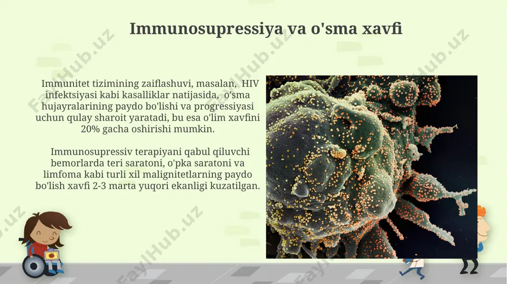ini 70% gacha oshirishi mumkin. car-t hujayra terapiyasi kabi yangi immunoterapiya usullari o'sma hujayralarini aniq nishonlab, ularni yo'q qilishda yuqori darajadagi aniqlikni ta'minlaydi, bu esa yon ta'sirlarni kamaytiradi. surunkali yallig'lanish va o'sma surunkali yallig'lanish jarayonida sitokinlar, masalan, tnf-α va il-6 ning ortiqcha ishlab chiqarilishi, o'sma hujayralarining o'sishini va metastazini 2-3 barobar tezlashtirishi mumkin. taxminan 25% dan ortiq saraton kasalliklari surunkali yallig'lanish bilan bog'liq bo'lib, bu yallig'lanishning genomik beqarorlikka va o'sma boshlanishiga hisssa qo'shishini ko'rsatadi. prognoz va prognozlashda immunopatologiya immunopatologiyaning o'sma hujayralarining paydo bo'lishidagi rolini o'rganish orqali bemorlarning 5 yillik yashash darajasini 70% gacha aniq prognoz qilish mumkin. mikroskopik tekshiruvlarda limfotsitlarning 20% dan kam bo'lishi kamroq yashash muddati va o'smaning tez o'sishini bildirishi mumkin. kelajakdagi tadqiqot yo'nalishlari immunopatologiya va o'sma hujayralari kelib chiqishi o'rtasidagi murakkab o'zaro ta'sirlarni aniqlash uchun katta ma'lumotlar tahlili va sun'iy intellekt algoritmlarini qo'llash bo'yicha 5 yillik tadqiqotlar rejalashtirilgan. o'sma mikro muhitining xususiyatlarini va immunitet hujayralari bilan o'zaro …