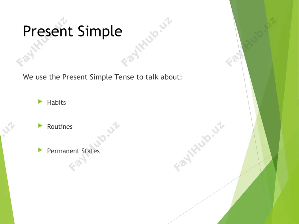 the third person singular in the negative with does not/ doesn’t + main verb. he doesn’t dance well. we form all other persons in the negative with do not/ don’t + main verb. they don’t dance well. * * * short answers do you sleep..? < yes, i/ we do. < no, i/ we don’t. does he/ she / it sleep…? < yes, he/she/ it does. < no, he/she/ it doesn’t. do they sleep…? < yes, they do. < no, they don’t. * * * * affirmative i sleep … you sleep … he sleeps… she sleeps… it sleeps… we sleep… you sleep… they sleep… * interrogative do i do you does he does she does it do we do you do they * form . we form the affirmative in the present simple with the subject ( noun or personal pronoun ) and the main verb. i dance, i …