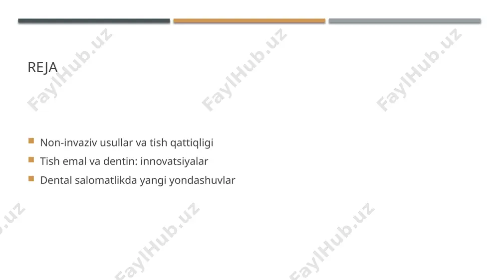 i tezkor diagnostika usullari, masalan, digital röntgen va lazer tekshiruvi, tish qattiqligini saqlashda muhim rol o'ynaydi. 4 ta'lim va amaliyot tibbiyot ta'limi va amaliyotida innovatsion yondashuvlar, o'qituvchilar va talabalar o'rtasidagi hamkorlik orqali tish qattiqligini saqlashda samarali natijalar beradi. tish emalining mustahkamlashida innovatsion materiallar va texnologiyalar. innovatsion materiallar texnologik yondashuvlar klinik amaliyotlar tish emalining mustahkamlashida zamonaviy materiallar, masalan, nanoqattiq materiallar va bioaktiv qo'shimchalar qo'llanilmoqda. bu materiallar emalni kuchaytirishga yordam beradi. yangi texnologiyalar, masalan, laser texnologiyasi va 3d bosib chiqarish, tish emalini mustahkamlashda samarali vositalar sifatida ishlatilmoqda, natijada yuqori aniqlik va samaradorlik ta'minlanadi. innovatsion materiallar va texnologiyalar klinik amaliyotlarda tez-tez qo'llanilmoqda. ushbu yondashuvlar tish emalini mustahkamlashda va sog'liqni saqlashda samaradorlikni oshiradi. dentinning tiklanishi: zamonaviy non-invaziv yondashuvlar. dentin tiklanishi dentin tiklanishi, tishlarning salomatligini saqlashda muhim rol o'ynaydi. zamonaviy non-invaziv usullar dentin tuzilishini tiklash va mustahkamlashga yordam beradi. non-invaziv texnologiyalar zamonaviy non-invaziv texnologiyalar, masalan, laser terapiyasi va ozon terapiyasi, dentinning tiklanishida muhimdir. ular zararni …