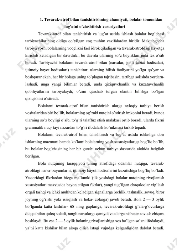 g taraqqiyoti uning atrofidagi odamlar nutqiga, tevarak-atrofdagi narsa-buyumlarni, ijtimoiy hayot hodisalarini kuzatishiga bog’liq bo’ladi. yuqoridagi fikrlardan bizga ma’lumki (ilk yoshdagi bolalar nutqining rivojlanish xususiyatlari mavzusida bayon etilgan fikrlar), yangi tug’ilgan chaqaloqlar vig’lash orqali tashqi va ichki muhitdan keladigan signallarga (ochlik, tashnalik, sovuq, biror joyning og’rishi yoki issiqlash va hoka- zolarga) javob beradi. bola 2 — 3 oylik bo’lganda katta kishilar- 68 ning gaplariga, tevarak-atrofdagi g’ala-g’ovurlarga diqqat bilan quloq soladi, rangli narsalarga qaraydi va ularga nisbatan tovush chiqara boshlaydi. bu esa 2 — 3 oylik bolaning rivojlanishiga xos bo’lgan so’zni ifodalaydi, ya’ni katta kishilar bilan aloqa qilish istagi vujudga kelganligidan dalolat beradi. bola 5 — 6 oylik bo’l- ganda yengil talaffuz etiladigan tovushlarni birlashtirib, so’z chiqaradigan bo’ladi, 8 — 9 oyligida aytilgan buyumlarni ko’zi bilan qidirib, uni topadi va qo’li bilan ko’rsatadi yoki olib keladi. bola bir yoshga to’lay deb qolganda o’nga yaqin so’zni talaffuz eta oladi. bolalarning yoshi o’sgan sari …