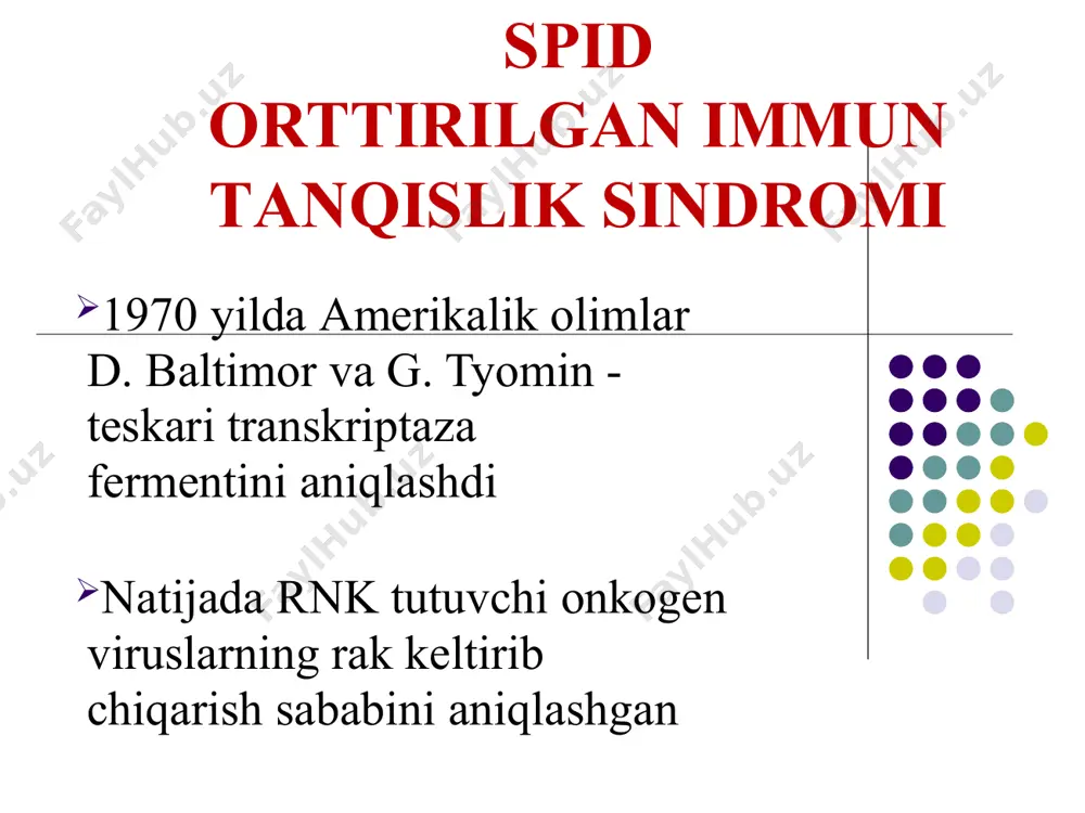 shda aniqlanmagan klinikа orttirilgan immuntanqislik sindromida opportunist infektsiyalar kasallik keltirib chiqaradi. m.n.s. shikastlanadi pnevmoniya- oʼpka shikastlanadi ichakda surunkali diareya kelib chiqadi limfoadenopatiya -limfa tugunlar kattalashadi. gumoral va xujayraviy immunitet buziladi kaposhi sarkomasi stomatit (ogʼiz boʼshligʼida) lixoradka lаborаtoriya diаgnostikаsi qon tekshiriladi: тх nisbati aniqlanadi тс if - limfotsit kulturasida antigen aniqlanadi ifа - kasal qon zardobidan antitela aniqlanadi ib – vb - usuli qoʼllaniladi ib – immunoblotting ikkalasi bir xil usul vb - vestern-bloting har xil nomlanadi бу усул преципитация реакцияси ҳисобланади bu usul pretsipitatsiya reaktsiyasi hisoblanadi pzr (ptsr) dnk - zond usuli - virusni provirus formasini aniqlaydi. davolash аzidotimidin 1yilgacha yashashni uzaytiradi teskari transkriptaza fermentini taʼsirini yoʼqotadi lekin suyak koʼmigiga taʼsir qiladi va anemiya kelib chiqadi beta – fluoro - dda ritonavir avt- 378 indinavir ro 24 -7429 va boshqalar virus tez oʼzgaruvchanlikka ega, shuning uchun preparatlarning taʼsiri xam kam boʼladi pikarnoviruslar oilasi odam va hayvonlar uchun patogen boʼlib, sodda …