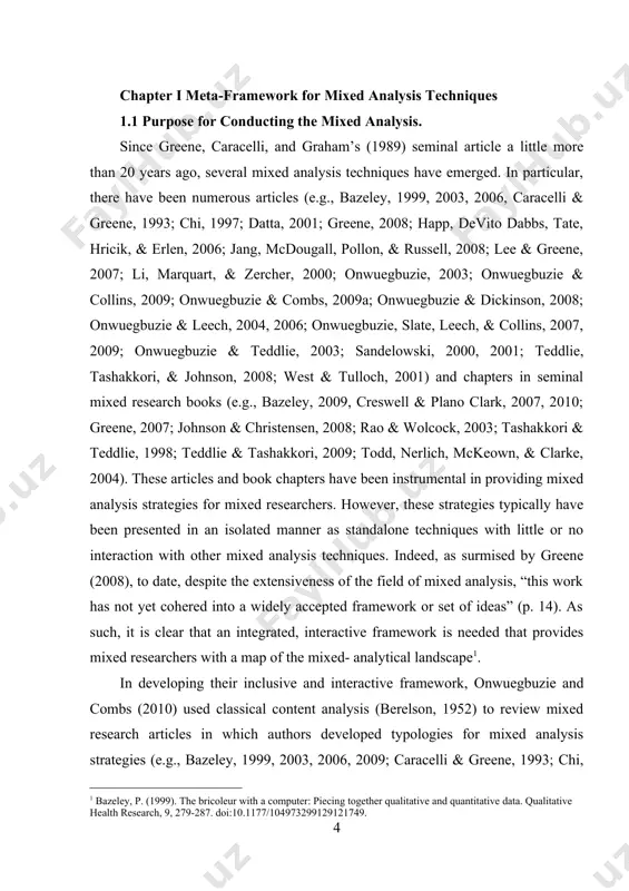 data analysis types that will be used 5. time sequence of the mixed analysis 6. level of interaction between quantitative and qualitative analyses 7. priority of analytical components 8. number of analytical phases 9. link to other design components 10. phase of the research process when all analysis decisions are made 11. type of generalization 12. analysis orientation 13. cross-over nature of analysis criterion 1: rationale/purpose for conducting the mixed analysis greene et al. (1989) conceptualized a typology for mixed methods purposes/designs that involves the following five purposes: triangulation, complementarity, development, initiation, and expansion. applying these to mixed analysis decisions, when triangulation is the rationale for conducting the mixed analysis, the researcher would compare findings from the qualitative data with the quantitative results. if complementarity is noted as the purpose for the mixed analysis, then the researcher would seek elaboration, illustration, enhancement, and clarification of the findings from one analytical …