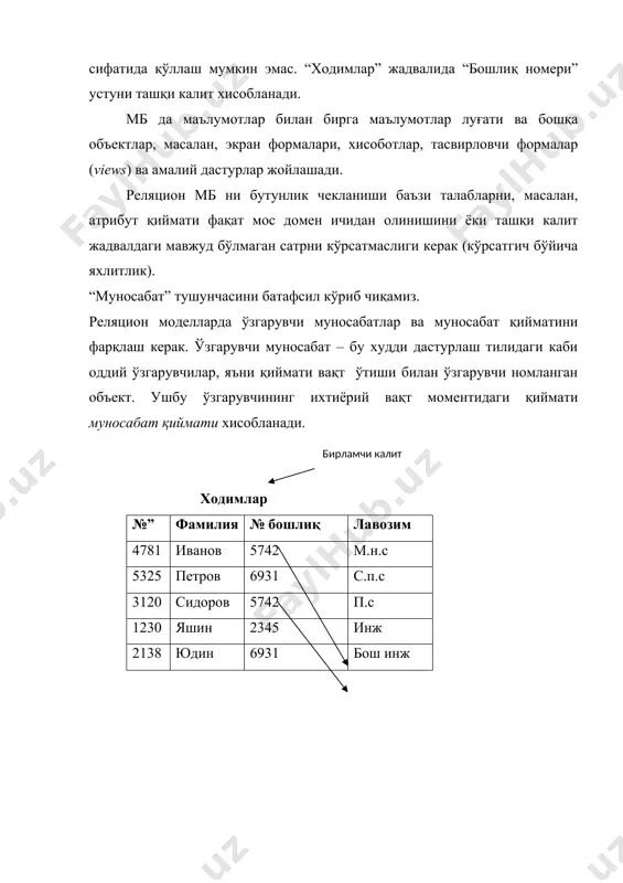 лади. иккинчи гурух махсус реляцион амалларни ташкил этади: танлаш, проекция, бирлаштириш ва бўлиш. ушбу амалларнинг муносабаларда қўллагандаги натижаларни батафсил кўриб чиқамиз. реляцион алгебра амалларини опперандлари сифатида доимий ёки ўзгармас ва ўзгарувчан муносабатлар ишлатилади. реляцион алгебрада 5та амал ишлатилади: 1) бирлаштириш (u). берилган иккита муносабатдан бирига ва иккаласига ҳам тегишли бўлган кортежлардан иборат янги муносабатни қайтаради r ва s муносабатларни бирлаштириш rus кўринишида берилиб, бу амални натижаси r муносабатга тегишли бўлган ёки s муносабатга тегишли бўлган ёки иккаласига ҳам тегишли бўлган картежлар тўпламидир. бу амалларни бажараётганда бир хил тартибда бўлиши керак. натижани тартиби ҳам операндлар тартибига тенг бўлади (5.1, а). 2) кесишма (∩). бир вақтнинг ўзида иккала муносабатга ҳам тегишли бўлган барча кортежлардан иборат янги муносабатни қайтаради. (5.1, б). 3) айириш (–). берилган иккала муносабатдан фақат биринчисига тегишли бўлган кортежлардан иборат янги муносабатни қайтаради. айирма r ва s муносабатларни айирмаси r-s кўринишида ёзилади ва ундаги кортежлар тўплами r муносабатга тегишли, лекин …
