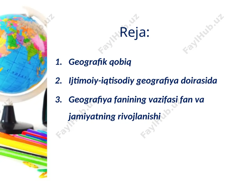jamiyat o‘zaro munosabatlarini uyg‘unlashtirishdir. geografiya fanlarida turli ilmiy-amaliy masalalarni o‘rganish jarayonida qator tadqiqot usullaridan foydalaniladi. bulardan eng muhimlari – ekspeditsiya, tasviriy, kartografiya, statistik, qiyosiy geografik, rayonlashtirish usullari. shuningdek, borgan sari geografik tadqiqotlarda matematik va kompyuter modellashtirish, aerokosmik, geokimyoviy va geofizik kabi zamonaviy tadqiqot usullarining ahamiyati hamda qo‘llanilish qamrovi kengayib bormoqda. geografik fanlar tizimida geografik xaritalarni tuzish va ular bilan ishlashni o‘rganadigan kartografiya fani alohida o‘rin va ahamiyatga ega. hozirgi davr geograflari turli joylar tabiati, aholisi va xo‘jaligini tasvirlash va tavsiflash bilan cheklanib qolmasdan, turli tabiiy va ijtimoiy hodisalarning vujudga kelish va hududiy tarqalish qonuniyatlarini o‘rganadilar, tabiat va jamiyat o‘rtasidagi o‘zaro munosabat va ziddiyatlarni atroflicha tahlil qiladilar ekologik, ijtimoiy-iqtisodiy va siyosiy muammolarni hududlarning o‘ziga xos sharoit va xususiyatlaridan kelib chiqqan holda yechish yo‘llarini ishlab chiqadilar. image2.jpeg image3.jpeg image4.jpeg image5.png image6.jpeg image7.jpeg image8.jpeg image9.jpeg image10.jpeg image11.jpeg image12.jpeg image13.jpeg image14.jpeg image15.jpeg image16.jpeg image1.jpeg