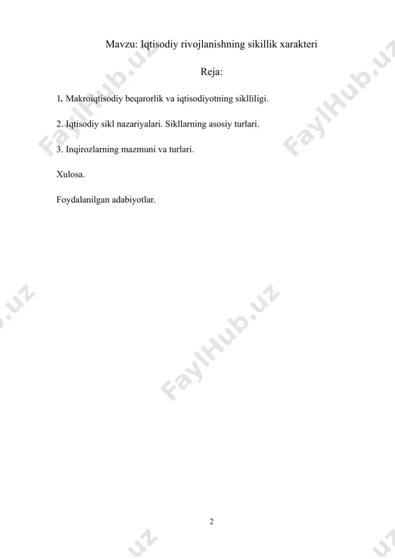 t yaratadi. yuksalish fazasi · ishchi kuchiga bo’lgan talabning kengayishi ishsizlikning birmuncha kamayishiga hamda ish haqining o’sishiga olib keladiki,buning oqibatida,iste’mol tovarlariga to’lovga qodir talab kengayadi.pirovard talabning oshishi,iste’mol tovarlari ishlab chiqaruvchi tarmoqlarga,bozorni kengaytirishga jadal turtki beradi.raqobat va foyda ketidan quvish oqibatida nomutanosibliklarining to’planib borishidan iborat zanjirli reaksiya tezlashadi.bu bilan yangi inqiroz muqarrar bo’lib qoladi iqtisodiy sikl nazariyalari.sikllarning asosiy turlari. eksternal nazariya – iqtisodiy sikllarni tashqi omillarning mavjudligi bilan tushuntiruvchi nazariyadir. tashqi omillarga iqtisodiy tizimdan tashqarida yotuvchi va iqtisodiy hodisalarning davriy takrorlanishini keltirib chiqaradigan omillar kiritiladi.bu tashqi omillar ichidan quyidagilarni jaratib ko’rsatishi mumkin: 1. urushlar,inqilobiy o’zgarishlar va boshqa siyosiy larzalar 2. oltin,uran,neft va boshqa qimmatli resurslar yirik konlarining ochilishi 3. yangi hududlarning ochilishi va bu bilan bog’liq ravishda aholi migratsiyasi,yer shari aholisi sonining o’zgarib turishi 4. ijtimoiy ishlab chiqarish tarkibini tubdan o’zgartirishga qodir bo’lgan texnologiya,tadqiqotlar va innovatsiyalardagi qudratli o’zgarishlar internal nazariya – iqtisodiy sikllarni iqtisodiy tizimning o’ziga xos ichki omillari ta’sirida vujudga …