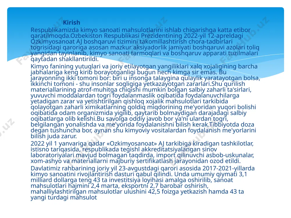 azifani belgilab oladi. to‘g‘ri belgilab olingan vazifa optimal usulni tanlashga asos bo‘ladi. analiz usulini tanlashda- taqiqotchi oldiga qo‘yilgan vazifa, analiz ob’yektining o‘lchami va analiz uchun olingan namunaning miqdori, namunadagi aniqlanuvchi tarkibiy qismning taxminiy miqdori, xalaqit qiluvchi tarkibiy qismlarning mavjudligi, analizning talab etilgan aniqligi, kerakli asbob-uskunalarning mavjudligi, analiz uchun sarf bo‘ladigan vaqt miqdori, analizning tannarxi va boshqa analizni laboratoriyada bajarilishi bilan bog‘liq bo‘lgan real sharoitlar hisobga olinadi. analiz usuli va uslubini tanlashda mavjud adabiyotlardan (monografiya, darslik, qo‘llanma, ilmiy jurnallar, internet materiallari va boshqalar) foydalaniladi. ayrim muammolarni hal etish uchun tayyor texnik yechim bo‘lmasligi mumkin, bunday holda esa analitikning o‘zi usul ishlab chiqishiga to‘g‘ri keladi. namunani quyidagi turlari mavjud: 1.general(birlamchi) namuna. 2.vakolatli (o‘rtacha laboratoriya) namunasi. 3.analitik namuna( analiz uchun namuna) agar tekshiriladigan modda suyuqlik bo‘lsa, uning gomogen yoki geterogen fazali ekanligiga qarab, namuna olinadi. gomogen materialdan (gazlar yoki suyuq moddalar aralashmasidan) o‘rtacha namuna olish oson. agar suyuq holatdagi modda harakatda bo‘lsa, masalan, …