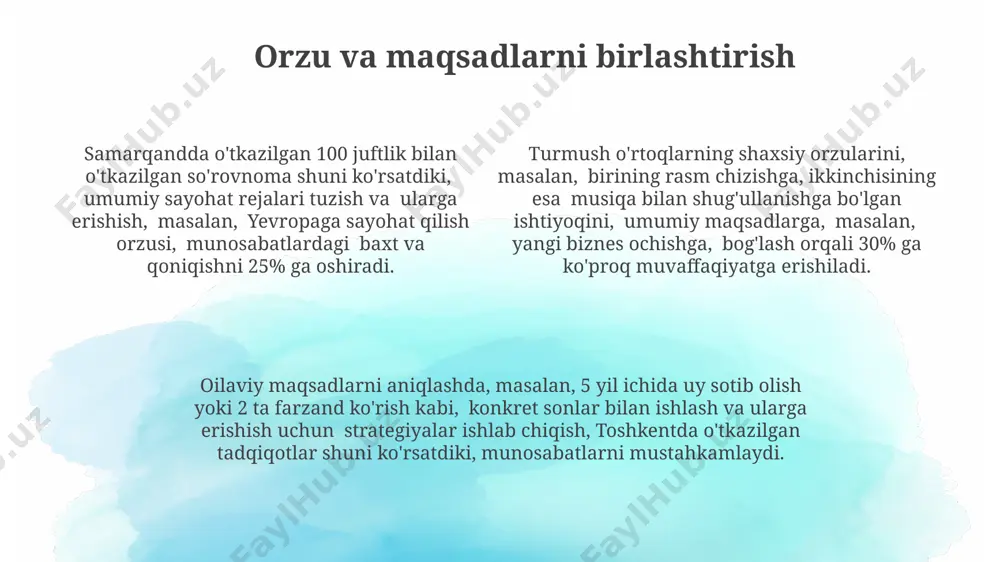 anddagi oilalarning 75%ida muntazam birgalikdagi faoliyat (masalan, sayohatlar, o'yinlar) oilaviy munosabatlarning mustahkamlanishiga ijobiy ta'sir ko'rsatadi. oilaviy maslahatchi xizmatlaridan foydalanish, masalan, toshkentdagi 5 yillik tajribaga ega mutaxassislar bilan, oilalararo muammolarni 30% gacha kamaytirishi va munosabatlarning har tomonlama rivojlanishiga yordam beradi. o'zbekistonning qishloq hududlaridagi oilalarda an'anaviy qadriyatlarga, 100 yildan ortiq davom etayotgan urf-odatlarga amal qilish, oilaviy munosabatlarning barqarorligini 80% gacha oshiradi va ajralishlar sonini kamaytiradi. moliyaviy masalalarni hal qilish kredit kartalaridan foydalanishni cheklash va foiz stavkalarini taqqoslash orqali, oila 10% dan ortiq foiz to'lovlarini kamaytirishi va samarqandda uy sotib olish rejalarini tezlashtirishi mumkin. oilaviy biznes rejasini tuzish va unda aniq maqsadlarni, masalan, 3 yilda 20% daromad o'sishiga erishishni belgilash, farg'ona viloyatida yashash darajasini sezilarli darajada yaxshilashga yordam beradi. oila byudjetini rejalashtirishda, masalan, 50/30/20 qoidasidan foydalanish, ya'ni daromadning 50%ini ehtiyojlarga, 30%ini xohishlarga va 20%ini tejashga sarflash, toshkentdagi oilaviy moliyaviy barqarorlikni oshiradi. e'tiboringiz uchun rahmat @taqdimot_robot image1.png