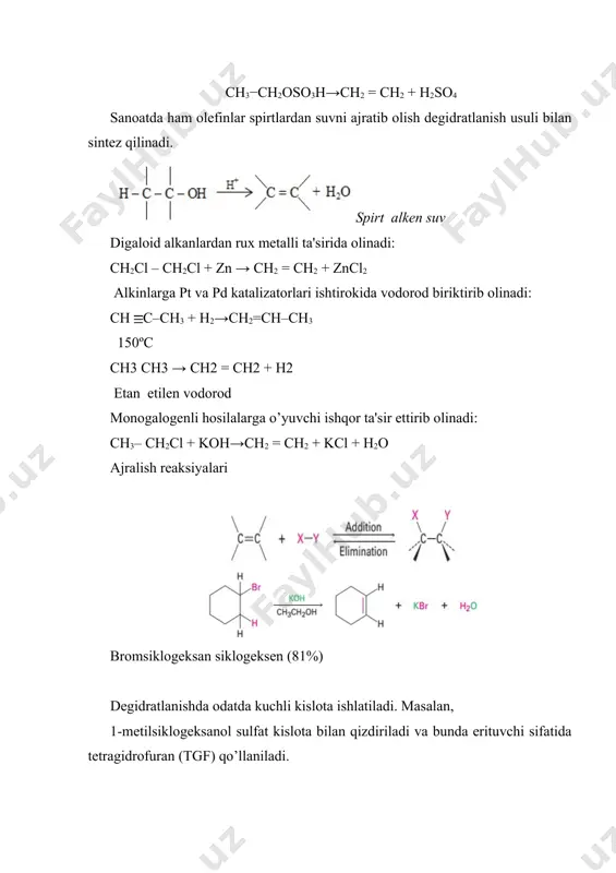 n (vinil xlorid) ch2 = chcl poli(vinil xlorid) izolyator plyonka, quvur stirol ch2=chc6h5 polistirol gubka тетрафторэтилен cf2 = cf2 teflon kasetalar,yonishga chidamli akrilonitril ch2 = chcn orlon, akrilan tolalar metil metakrilat ch3 ch2 = cco2ch3 polimetilme takrilat bo`yoq, organik shisha vinil asetat ch2=chococh3 polivinilasetat (pva) bo`yoq, gupka elim 4. alkinlarning nomlanishi va olinishi uglerod-uglerod uch bog’ tutuvchi uglevodorodlar alkinlar deb ataladi. nosiklik alkinlarning umumiy formulasi cnh2n-2. atsetilen (hcch) eng oddiy alkin. uglerod zanjirining oxirida uch bog’ tutuvchi alkinlar (rcch) bir o’rin almashgan yoki terminal alkinlar deb ataladi. ikkita o’rin almashgan alkinlar ichki uch bog’ga ega bo’ladi. atsetilen va terminal alkinlar kimyosining eng muhim tomoni bu ularning birikish reaksiyasiga kirisha olishidir. barcha oddiy uglevodorodlar ichida rcch kabi birikmalar eng kislotalisidir. ushbu xossaning tuzilish sabablari, kimyoviy sintezda ishlatilinishidan tashqari, ular ushbu bo’limning eng muhim elementlari hisoblanadi. atsetilen birinchi bor 1862 yilda fransuz kimyogari p.e.m.bertlo tomonidan ta’riflangan va xix asrlar oxirlariga kelibgina kalsiy …
