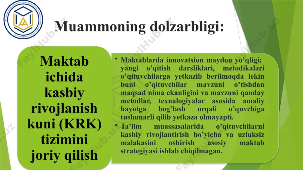 asbiy rivojlanishini tahlil qilish va shu asosda rivojlanish uchun maktab ish rejasini tuzish. bu jarayonda, o’qituvchilarning kasbiy mahoratlarini oshirish uchun kerak bo’lgan yangi metodikalarga o’rgatish hamda maktabda uzluksiz kasbiy rivojlanish muhitini yaratish. s) shaxsga yo’naltirlganlik prinsipi d) tinglovchilar uchun qulayliklar yaratish prinsipi b)ijodiy faollik prinsipi (jamoada birgalikda fan kesimida tarqatma materiallar bilan ishlash): o’qituvchilarga yangi metodikalar, ijtimoiy tarmoqlar, qidiruv tizimlarini, qonunlar va qarorlarni o’rgatish uchun tayyorlov jarayoni. bu jarayonda, o’qituvchilar yangi metodikalarga o’rgatiladi va ularning tushunishini tekshirish uchun sinovlar o’tkaziladi a)tenglik prinsipi (nutq uslubi, jamoaga murojaat qilish): maktab ichida xodimlarni kasbiy rivojlantirish va uzluksiz malakasini oshirish asosiy strategiyasi: muammo yuzasidan xorijiy tajribalarni o‘rganilganligi; (muammoga oid masalaning xorijdagi holatini o‘rganish); singapur davlati o'qituvchilarni kasbiy rivojlantirish va yangi metodikalarga o'rgatish ishlarini olib borishda uning o'ziga xos yo'nalishlari mavjud. quyidagi jarayonning bir qancha muhim xususiyatlari bor: o'qituvchilar yiliga 100 soatlik malaka oshirish huquqiga ega. bu bir necha usulda amalga oshirilishi mumkin. milliy ta'lim …