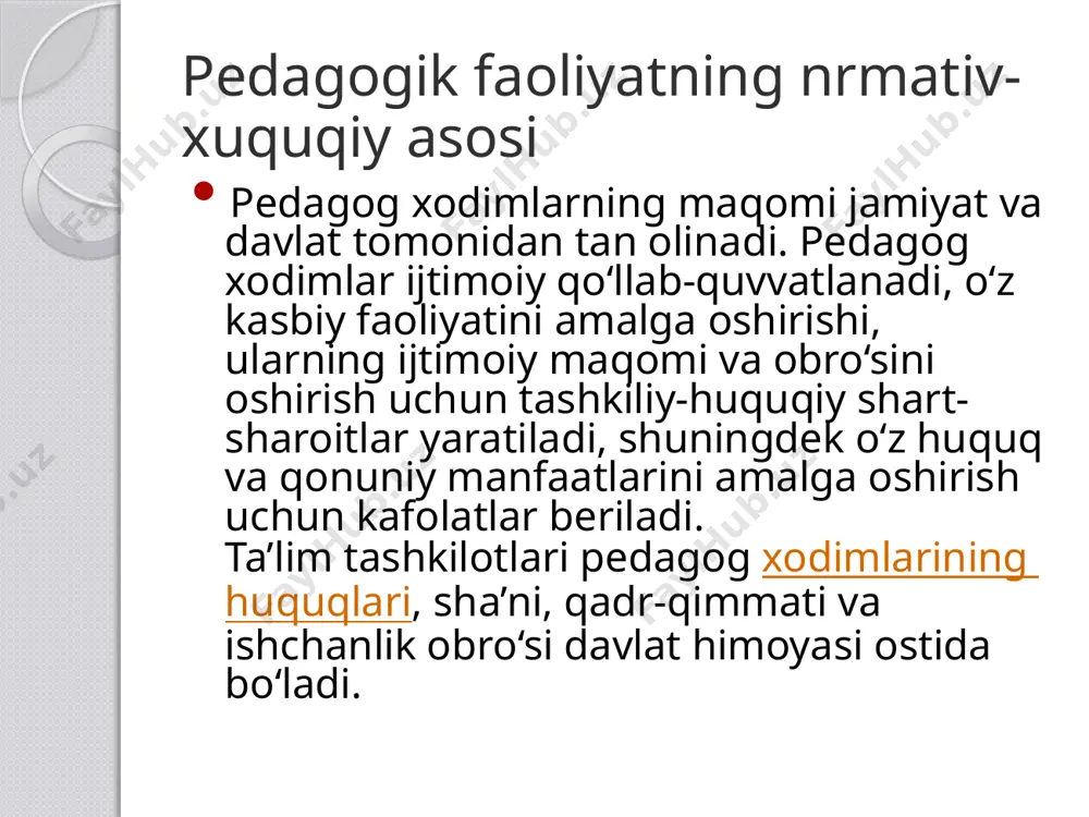 haxsning ijodiy qobiliyatlarini ro’yobga chiqarishga imkon yaratadi. ta’limdagi innovatsion jarayonlar. innovasiya jamiyat paydo bo'lishidan boshlab o'zgarib kelmoqda. ba'zi pedagoglar innovasiya so'zini tor ma'noda ta'limni takomillashtirish, zamonaviylashtirish desa, boshqalari unga kengroq tushuncha bermoqda. ta'lim sohasidagi ayrim yangi tushunchalarni, islohot, o'qitishni zamonaviylashtirish, takomillashtirish, optimallashtirish kabilar bilan almashtirmoqdalar. innovasiyaga – yangilikka pedagogik tushuncha sifatida berilgan ta'riflarga to'xtalamiz. fransuz olimi e.bransuik pedagogik yangilikning uch turini ko'rsatadi: yangilik sifatida butunlay yangi, ilgari mavjud bo'lmagan g'oya va harakatlar yuzaga keladi.; ko'pchilik yangiliklar ma'lum bir vaqtda, ma'lum bir muhitda g'oya va harakatlarni moslashtirishni, kengaytirishni yoki o'zgartirishni talab etadi; pedagogik yangiliklar vaziyatga qarab sodir bo'ladi. bu yangiliklar o'zgaruvchan talablar orqali qayta qo'yilgan maqsad asosida ilgari mavjud harakatlarni jonlantiradi va g'oyalarning samaradorligi ta'minlaydi. xulosa pedagog xodimlarning zimmasida qonunchilikka, shuningdek ta’lim oluvchi va ta’lim tashkiloti o‘rtasida tuziladigan shartnomaga muvofiq boshqa majburiyatlar ham bo‘lishi mumkin. pedagog xodimlarga pedagogik faoliyatni amalga oshirishda axloq va etika normalariga zid harakatlar sodir etish taqiqlanadi. pedagog …