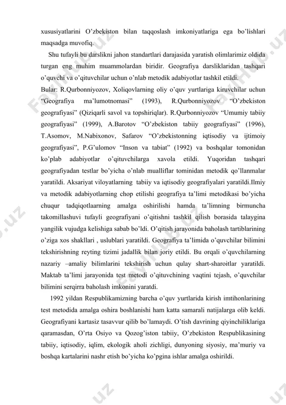 hilarning nazariy –amaliy bilimlarini tekshirish uchun qulay shart-sharoitlar yaratildi. maktab ta’limi jarayonida test metodi o’qituvchining vaqtini tejash, o’quvchilar bilimini serqirra baholash imkonini yaratdi. 1992 yildan respublikamizning barcha o’quv yurtlarida kirish imtihonlarining test metodida amalga oshira boshlanishi ham katta samarali natijalarga olib keldi. geografiyani kartasiz tasavvur qilib bo’lamaydi. o’tish davrining qiyinchiliklariga qaramasdan, o’rta osiyo va qozog’iston tabiiy, o’zbekiston respublikasining tabiiy, iqtisodiy, iqlim, ekologik aholi zichligi, dunyoning siyosiy, ma’muriy va boshqa kartalarini nashr etish bo’yicha ko’pgina ishlar amalga oshirildi. 1999 yilda prezident farmoyishi bilan o’zbekiston geografiya atlasi chop etildi. 7, 8, 9-sinflar uchun atlas va yozuvsizl kartalar nashr qilindi. xorijiy ilg’or mamlakatlarda kartalar va boshqa didaktik materiallarni disketaga kiritib, o’quv disketlarini yaratish yo’lga qo’yilgan. buni bizning respublkamizda amalga oshirish uchun qulayliklar mavjud. metodik jihatdan puxta ishlangan kinofilmlarni o’quvchilarning tarbiyasi va ma’naviy qiyofasi mos bo’lishiga e’tibor berish zarur. yuqori saviyadagi geografiya darsliklari o’quv –metodik adabiyotlarni, atlas-kartalar , ta’lim vositalarini yaratish uchun muntazam ravishda …