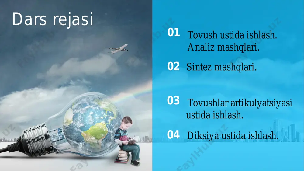 tish: o‘qituvchi nokning rasmini ko‘rsatib, noo deydi, o‘quvchilar к tovushini qo‘shib aytadilar: nok. b) undosh tovushni yopiq bo‘g‘indan ajratish: usss-mon, o-limmm, a-minnn. e) bo‘g‘in hosil qilgan bir unlini ajratish: o-na, u- nim, o‘-tin, a-na, e-tik, i-pak; 3. so‘zdagi tovushlarni sanash va ularning nomini tartibi bilan aytish, sonini aniqlash, bo‘g‘inlarni sanash: olma — ol-ma; o-l-m -a — to‘rtta tovush, to‘rtta harf, ikki unli tovush, ikki undosh tovush, ikki bo‘g‘in .... bu usuldan o‘quv yilining ikkinchi yarmida va keyingi sinflarda ham fonetik tahlil sifatida foydalaniladi. 4. jarangli va jarangsiz undoshli so‘zlarni amaliy taqqoslash: dil-til, zira-sira kabi. savod o‘rgatishda analiz va sintez bir-biridan ajratilmaydi, chunki analiz o‘qish jarayonini egallash uchun zamin yaratadi, sintez esa ko‘proq o‘qish malakasini shakllantiradi. ii. sintez mashqlari 3. bola-lola-tola, boy-soy-loy, baxt-taxt, ona-ota, mosh-bosh kabi bir undosh harf bilan farqlanadigan yoki ona-ana, ukki- ikki, osh-ish kabi bir unli harf bilan farqlanadigan so‘zlarni o‘qish (bunday so‘zlarni o‘quvchilarning o‘zlari topib o‘qishlari mumkin). …