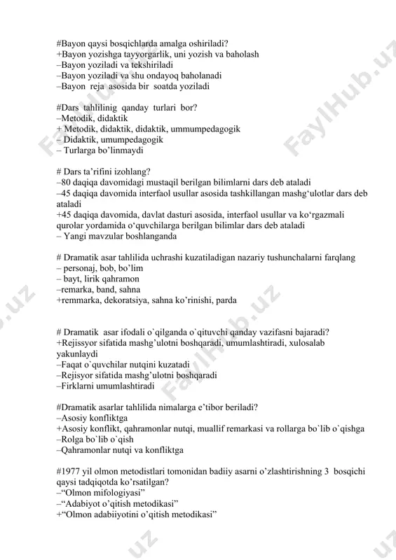 i va rollarga bo`lib o`qishga –rolga bo`lib o`qish –qahramonlar nutqi va konfliktga #1977 yil olmon metodistlari tomonidan badiiy asarni o’zlashtirishning 3 bosqichi qaysi tadqiqotda ko’rsatilgan? –“olmon mifologiyasi” –“adabiyot o’qitish metodikasi” +“olmon adabiiyotini o’qitish metodikasi” –“badiy asar tahlili” #darsda qo`llanadigan ko`rgazmali qurollar qaysi turlarni o`z ichiga oladi? –grafik ko`rgazmalar –texnik ko`rgazmalar +tabiiy ko’rsatmalilik, tasviriy ko’rsatmalilik, grafik, badiiy so’z ko’rsatmaliligi –so`z ko`rgazmaligi #dastlabki o`quv dasturi – «saboq tuzugi” qachon va kim tomonidan yaratilgan? –elbek – 1924 yil –fitrat – 1928 yil –dolimov 1930 yil +a.sa’diy – 1918 yil #epik asar tahlilida qaysi masalaga alohida e’tibor qaratish lozim? –sujet liniyasiga –kompozitsiyaga +tafsilotlar va ularda personajllarning tutgan o’rniga –obrazlar tavsifiga #ertaklarni o`qishda qanday usul qo`llanadi? –o`qish va lug’at ustida ishlash –asar qahramoni ustida ishlash –ma’ruza usulida +o`qish va so`zlab beriish usuli #eski maktab va madrasalardagi ta’limning kamchiliklari nimalarda ko’rinadi? –o’qish muddatining rasmiy belgilanmaganligi –yagona tizimdagi nazorat yo’lga qo’yilmaganligi –ta’limning yagona o’quv reja va dastur …