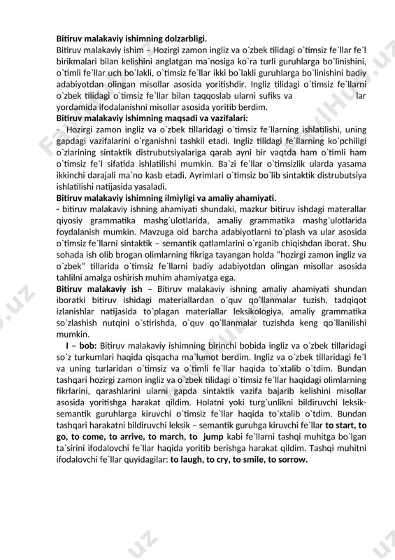 qatlamlarini o`rganib chiqishdan iborat. shu sohada ish olib brogan olimlarning fikriga tayangan holda “hozirgi zamon ingliz va o`zbek” tillarida o`timsiz fe`llarni badiy adabiyotdan olingan misollar asosida tahlilni amalga oshirish muhim ahamiyatga ega. bitiruv malakaviy ish – bitiruv malakaviy ishning amaliy ahamiyati shundan iboratki bitiruv ishidagi materiallardan o`quv qo`llanmalar tuzish, tadqiqot izlanishlar natijasida to`plagan materiallar leksikologiya, amaliy grammatika so`zlashish nutqini o`stirishda, o`quv qo`llanmalar tuzishda keng qo`llanilishi mumkin. i – bob: bitiruv malakaviy ishimning birinchi bobida ingliz va o`zbek tillaridagi so`z turkumlari haqida qisqacha ma`lumot berdim. ingliz va o`zbek tillaridagi fe`l va uning turlaridan o`timsiz va o`timli fe`llar haqida to`xtalib o`tdim. bundan tashqari hozirgi zamon ingliz va o`zbek tilidagi o`timsiz fe`llar haqidagi olimlarning fikrlarini, qarashlarini ularni gapda sintaktik vazifa bajarib kelishini misollar asosida yoritishga harakat qildim. holatni yoki turg`unlikni bildiruvchi leksik-semantik guruhlarga kiruvchi o`timsiz fe`llar haqida to`xtalib o`tdim. bundan tashqari harakatni bildiruvchi leksik – semantik guruhga kiruvchi fe`llar to start, to go, …