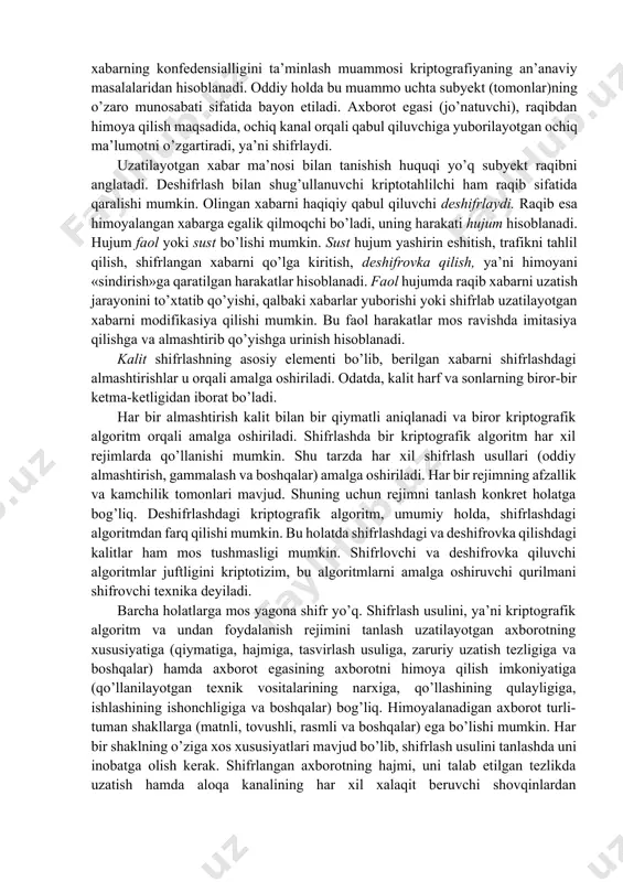 moyili elektr va elektron aloqada asos qilib olindi. bunda morze va bodo kodlarini, 2-sonli xalqaro telegraf kodini, ascii kodini, eslash ham o’rinli, chunki ular ham oddiy almashtirish asosida yaratilgan. xvii asrda lug’atli shifrlar ixtiro etilgan. shifrlashda ochiq matn harflari ikkita son bilan belgilangan. bunda keng tarqalgan kitoblardan biri olinib, shifrlanuvchi harf kitobning ma’lum betidagi qator nomeri va harf nomeriga almashtirilgan. bu tizim mustahkam shifrlash usuli hisoblanadi, lekin undan foydalanish qulay emas. shu bilan birga, kitob raqib qo’liga tushib qolishi ehtimolidan holi emas. ma’lumki, kriptografik vositalar hozirgi vaqtgacha asosan davlat sirlarini himoya qilishga qaratilgan edi, shuning uchun bu vositalar maxsus organlar tomonidan yaratilgan. bunda yuqori kriptomustahkamlikka ega bo’lgan kriptotizimlar qo’llanilgan, bu esa katta xarajatlarni talab qilgan. oxirgi yillarda ma’lumotlarni kriptografik o’zgartirishning yangi usullari intensiv ishlab chiqilmoqda, ular an’anaviy qo’llanishiga qaraganda kengroq sohalarga tatbiq etilmoqda. avtomatlashtirilgan tizimlarda ma’lumotlar himoyasining kriptografik usullari hisoblash texnikasi vositalarida qayta ishlanayotgan yoki har xil turdagi saqlash qurilmalarida …