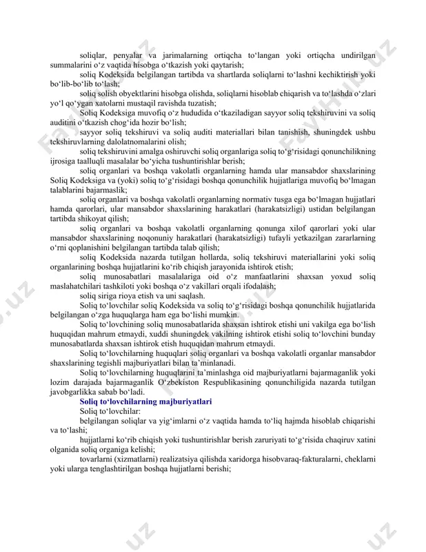 nlariga soliq to‘lovchining shaxsiy kabineti orqali yuborilganda — jo‘natilgan kun, pochta orqali yuborilganda besh kundan keyin olingan deb hisoblanadi. soliq kodeksida nazarda tutilgan hujjatlarning, elektron hujjat aylanishini ta’minlash uchun zarur bo‘lgan hujjatlarning shakllari, mazkur hujjatlarning shakllarini to‘ldirish tartibi, bunday hujjatlarni qog‘ozda yoki telekommunikatsiya kanallari orqali elektron shaklda yoxud soliq to‘lovchining shaxsiy kabineti orqali yuborish hamda olish tartibi o‘zbekiston respublikasi davlat soliq qo‘mitasi tomonidan tasdiqlanadi. soliq to‘lovchilar soliq kodeksiga muvofiq zimmasiga belgilangan soliqlar hamda yig‘imlarni to‘lash majburiyati yuklatilgan yuridik va jismoniy shaxslar soliq to‘lovchilar deb e’tirof etiladi. yuridik shaxslarning alohida bo‘linmalari mazkur shaxslarning soliqlar va yig‘imlarni to‘lash bo‘yicha majburiyatlarini soliq kodeksida nazarda tutilgan hollarda va tartibda ushbu alohida bo‘linmalar joylashgan eri bo‘yicha bajaradi. yirik soliq to‘lovchilar toifasiga kiritilgan soliq to‘lovchilar alohida bo‘linmalarni hisobga olib markazlashgan holda soliq hisobotini taqdim etadi va soliqlarni (yig‘imlarni) to‘laydi. soliq kodeksida nazarda tutilgan hollarda yuridik shaxs tashkil etmagan holdagi chet el tuzilmalari soliq to‘lovchilar deb e’tirof …