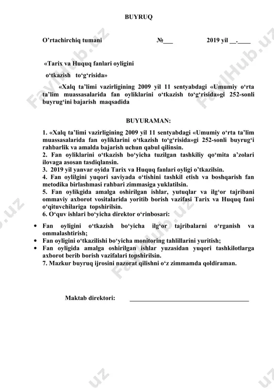 kunida olingan test natijalari monotoringi № test sinoviga qatnashgan o’quvchilar soni fan oyligi boshlanishida olingan test natijalari (%) fan oyligida qatnashgan o’quvchilar (%) fan oyligi yakunida olingan test natijalari(%) 5-9 10-11 5-9 10-11 5-9 10-11 5-9 10-11 1 2 3 4 5 6 7 8 9 10 11 12 13 14 15 16 17 18 19 20 fan o’qituvchisi: _______________________________________ fan oyligida o’tkazilgan tadbirlar № tadbirning nomi sinflar kesimida maktab boyicha soni 5 6 7 8 9 10 11 1 ochiq dasrlar namunali dars an’anaviy dars noan’anviy dars 2 davra suhbatlari darslik mualliflari bilan suhbatlar olimlar bilan suhbatlar ijodkor o’qituvchilar bilan suhbatlar 3 darsdan tashqari ishlar zakovat turnirlari fan olimlari sayohat 4 o’quv sayohatlarini tashkil etish ishlab chiqarish korxonalariga oliy o’quv yurtlariga akademik litseylarga kasb-hunar kollejlarga fan o’qituvchisi: _______________________________________ toshkent viloyati o’rtachirchiq tumani _________-maktabida o’tkazilgan tarix-huquq fani oyligida qo’llanilgan dars ishlanmalaridan na’munalar 5-sinf tarixdan hikoyalar sana..i.2019 yil darsning mavzusi: yurt …