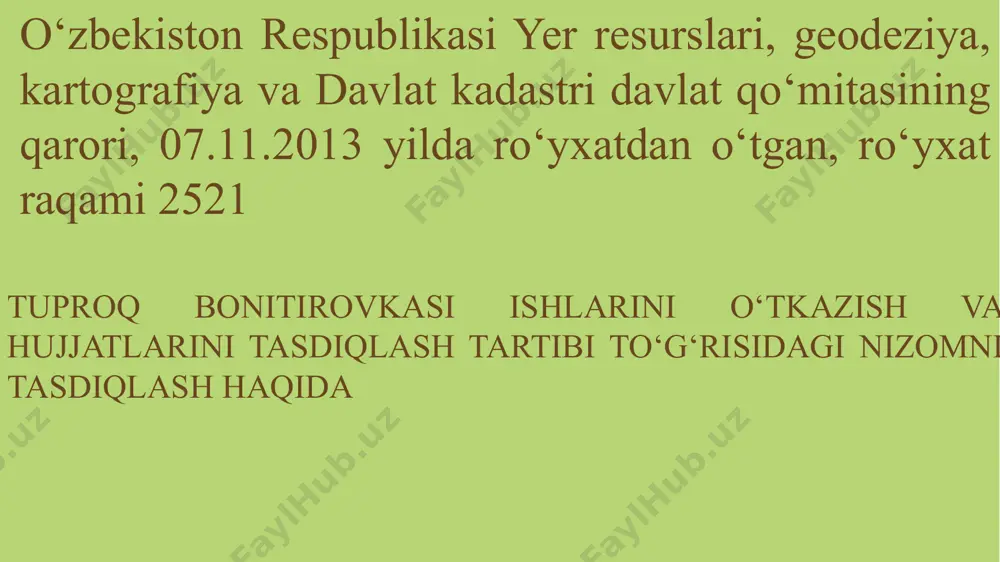 qiymat baxosini aniqlash banklardan ipoteka qarzlari berishda, xususiy turar joylar qurish uchun yer ajratib berish va dehqon xoʻjaliklariga meʼyoriy ortiqcha yer ajratib berishda, yer soligʻi stavkalari miqdorini aniqlash, kimoshdi savdolari orqali yer uchastkalarini sotish va qonunchilikda koʻzda tutilgan boshqa hollarda shu yer uchastkasining dastlabki bahosini belgilash uchun qoʻllaniladi. yerlarni iqtisodiy baholashda tuproq bonitirovkasi, asosiy ekinlarning meʼyoriy hosildorligi, yalpi mahsulot va sof daromad(foyda) koʻrsatkichi mezon boʻlib xizmat qiladi. o‘zbekiston respublikasi «yer kodeksi»ning 15-moddasiga muvofiq,davlat yer kadastri yerlarining tabiiy, xo‘jalik va hududiy tartibi to‘g‘risidagi, ularning toifalari, sifat ko‘rsat-kichlari va qiymati to‘g‘risidagi,yer uchastkalarining joylashgan o‘rni va o‘lchamlari to‘g‘risidagi, ularni yer uchastkalari mulkdorlariga, yer egalariga va yerdan foydalanuvchilarga taqsimlash to‘g‘risidagi zarur, ishonchli ma‘lumotlar va hujjatlar tizimidan iborat. yerlar sifati bo’yicha «yaxshi», «o’rtacha» va «yomon» ga ajratilgan. tuproq bonitirovkasi (lat. bonites - sarhillik) bu tuproqlarni ishlab chiqarishdagi qobiliyati asosida sifat jihatdan taqqoslash tushuniladi. boshqacha qilib aytganda, tuproq bonitirovkasi unumdorligi ballarda ifodalaniladigan maxsus genetik ishlab chiqarilgan …