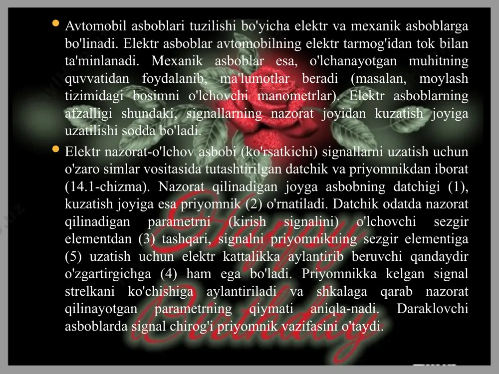 hikni qotirish uchun rezbali qilib ishlangan. ballonning ichki qismidagi tekis tubiga termorezistor (5) prujina (3) bilan siqib qo'yilgan. ballon devorlari bilan prujina orasiga muhofazalovchi vtulka (4) joylashtirilgan. termorezistor harorati 40 dan 120°c gacha ortganda uning qarshiligi 450 dan 50 om gacha kamayadi. bu esa magnitoelektrik priyomnikning o'lchash g'altaklari orqali o'tayotgan tokning ortishiga olib keladi. vint (1) datchikni priyomnik bilan tutashtirish uchun xizmat qiladi. priyomnik (14.2-rasm, b) ikki qismdan iborat bo'lgan plast-massa karkasga ega. karkasning ikki qismi o'zaro vintlar (12) yorda-mida biriktirilgan va unga uchta o'lchash g'altaklari (10) o'ralgan (14.2-rasmdagi 15, 16, 17 raqamlar). ikkinchi g'altak (16) boshqa ikkita g'altakka nisbatan 90° burchak ostida o'ralgan. birinchi (17) va uchinchi (15) g'altaklar bir-biriga qaratib o'ralgan cho'lg'amlarga ega bo'lib, ular qarama-qarshi yo'nalishdagi magnit oqimlarini hosil qiladi. karkas ichida, strelka bilan bitta o'qqa (9) mahkamlangan muttasil magnit (11) joylashgan. magnit buriladi va uchta g'altak magnit maydonining natijaviy kuchlanganlik vektorini magnit kuch chiziqlari bo'ylab o'rna-shadi. …