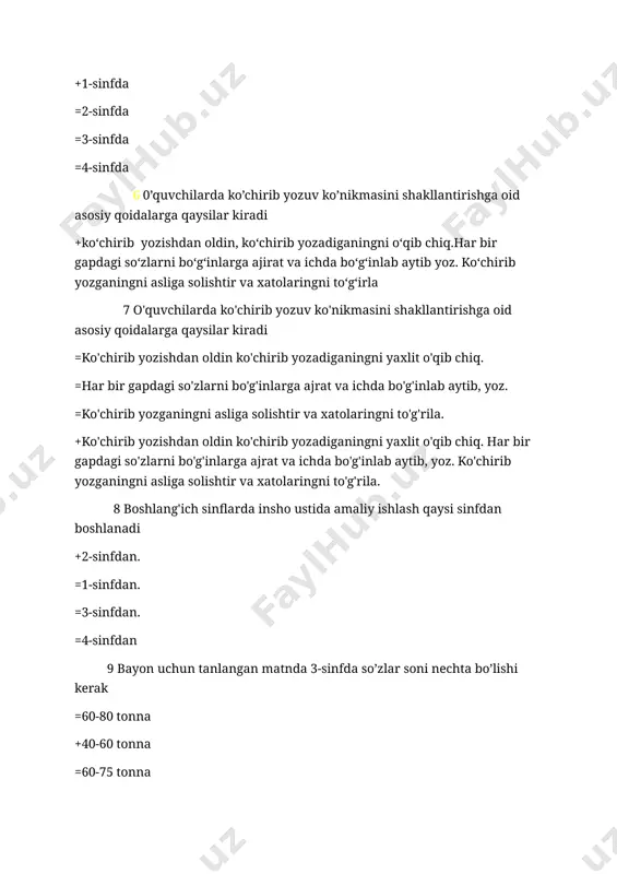 nfda so’zlar soni nechta bo’lishi kerak =60-80 tonna +40-60 tonna =60-75 tonna =45-55 tonna 10metod so’zining ma’nosi nima +bilish, tadqiqot yo’li =usul = uslub =tekshirish 11 4-sinf oxirida tekshirish diktanti uchun tanlangan matnda so’zlar soni nechta bo’lishi kerak =55-65 dona (c javobi toʻgʻri) 12”… matn mazmunini ongli va chuqur tushunishda, =asosiy fikrni ajratishda, voqealarning izehilligini belgilashda, =matn qismlarining o’zaro bog’lanishini tushunishda o’quvchilarga =yordam beradi. o’quvchilar nutqi va tafakkurini o’stiradi.” bu qaysi ish turi =matnni tasvirlash =o’quvchilarni savol tuzishga o’rgatish = tanlab o’qish +asar rejasini tuzish 13 4-sinf “o’qish savodxonligi” darsligidagi “tovuq bilan tulki” matni qaysi janrda yozilgan =ertak +masal = ilmiy-ommabop maqola = u 14 4-sinf “o’qish savodxonligi darsligidagi “dunyo mo’jizalari” matni qaysi janrda yozilgan =ertak = hikoya =doston +ilmiy-ommabop maqola 15 yuqori qismidan tutashtiriladigan kichik harflar qatori qaysi =f j s = v n r +v o oʻ = a i e 16 yuqoridan boshlanib yoziladigan bosh harflar qatori …