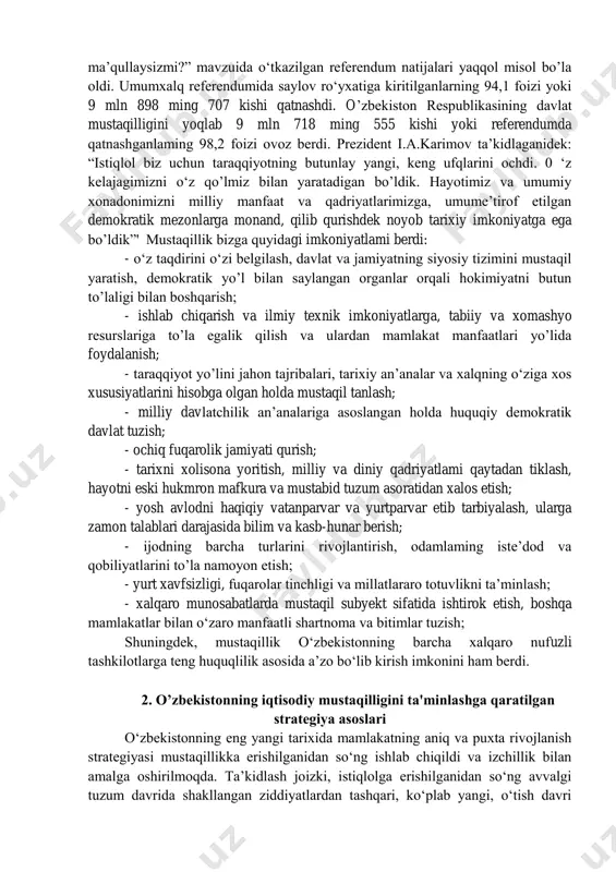 dda holat davlat qo‘mitasining g‘ayrikonstitutsiyaviy, huquqqa qarshi qarorlari va boshqa ko‘rsatmalari noqonuniy, deb e’lon qilindi. shunday murakkab sharoitda, ya’ni markaz va respublikalar o‘rtasidagi munosabatlar tobora taranglashib, markaz boshqaruv qobiliyatini yo‘qotgan, har bir respublika o‘z holiga tashlab qo‘yilgan bir sharoitda tarixiy vaziyatni to‘g‘ri baholagan o’zbekiston prezidenti i.karimov oliy kengash sessiyasini chaqirish va unda o’zbekiston mustaqilligi haqida qonun qabul qilishni talab qildi. 1991-yil 31-avgustda chaqirilgan o’zbekiston respublikasi oliy kengashining xii chaqiriq navbatdan tashqari vi sessiyasi o‘zbekistonning mustaqil davlat, deb e’lon qilinishida katta tarixiy ahamiyatga ega bo’ldi. unda “o’zbekiston respublikasining davlat mustaqilligi to‘g‘risida” hamda “o’zbekiston respublikasining davlat bayrogi to‘g‘risida”gi masalalar kun tartibiga qo‘yilib, qizg‘in muhokama qilindi. oliy kengash deputatlari moddama- modda muhokamadan so‘ng o’zbekiston respublikasining davlat mustaqilligi to‘g‘risidagi qonunni, so‘ngra respublika davlat mustaqilligi to‘g‘risidagi bayonot qabul qilindi. mazkur sessiyada o’zbekiston ssrning nomi ham o‘zgartirilib, o’zbekiston bundan buyon o’zbekiston respublikasi nomi bilan ataladigan boidi. sessiyada “o’zbekiston respublikasining davlat mustaqilligini elon qilish to‘g‘risida” qabul qilingan …