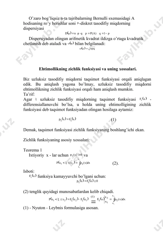 y miqdorlarning quyidagi ikki sonli xarakteristikalarini ko’rish mumkin. mediana me deb tasodifiy miqdorning shunday qiymatiga aytamizki, bunda bo’ladi.demak tasodifiy tajribada x-tasodifiy miqdor bir xil extimol bilan yoki me dan katta bo’ladi, yoki me dan kichik bo’ladi. bu xarakteristika tasodifiy miqdorning qiymatlari sonlar o’qida qanday joylashganligini xarakterlaydi. normal taqsimlangan tasodifiy miqdor uchun . mediana noparametrik statistikada muhim rol o’ynaydi. moda deb diskret taqsimlangan tasodifiy miqdorlar uchun tasodifiy miqdorning eng katta extimolga ega bo’lgan qiymatiga aytiladi. uzluksiz tasodifiy miqdorlar uchun moda tasodifiy miqdorning zichlik funksiya maksimum qiymatga erishadigan qiymatiga teng. zichlik funksiyasi bitta maksimumga ega bo’lgan taqsimotlar unimodal taqsimotlar, bir necha maksimumga ega bo’lgan taqsimotlar polimodal taqsimotlar deyiladi. moda ham matematik kutilma va mediana kabi tasodifiy miqdorning sonlar o’qidagi joylanishini xarakterlovchi sonli xarakteristikadir. simmetrik, unimodal taqsimotlar uchun bu uchala xarakteristika bir xildir. normal taqsimot uchun moda bilan matematik kutilma teng bo’ladi. uzluksiz tasodifiy miqdorlarning taqsimot qonunlariga misollar. 1. agar - tasodifiy miqdor …