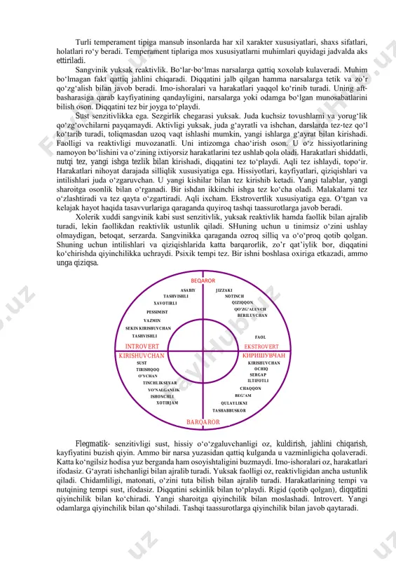 atish maqsadga muvofiq: 1. favqulotda temperamentning bir xil xususiyatlari motiv, psixik holat va hodisalardan farqli o‘laroq, aynan shu shaxsning o‘zida, uning turli faoliyatlarida, muomalasida ifodalanadi. 2. temperament xususiyatlari tabiiy shartlanganlik omiliga taalluqli bo‘lganligi tufayli inson hayoti va faoliyatining (umrining) davomida yoki uning muayyan bir bo‘lagida (ta’sirga beriluvchanligi sababligidan qat’iy nazar) barqaror, o‘zgarmas va mustahkamdir. 3. yakkahol shaxsga dahldor temperamentning turli xususiyatlari o‘zaro bir-biri bilan g‘ayriqonuniy ravishda birlashgan bo‘lmasdan, balki ular o‘zaro bir-biri muayyan qonuniyat asosida mujassamlashib, xuddi shu xususiyatlar uning tiplarini tavsiflovchi o‘ziga xos tuzilmani vujudga keltiradi. psixologiya fanida temperament xususiyatlari deganda, alohida bir shaxsning psixik faoliyati dinamikasini belgilovchi psixikaning barqaror, o‘zgarmas individual-tipologik xususiyatlari majmuasi tushuniladi. mazkur xususiyatlar turli shakl va mazmunga ega bo‘lgan motivlarda, psixik holatlarda, maqsadlarda, faoliyatlarda nisbatan o‘zgarmas temperament tipini tavsiflovchi tuzilmani tashkil qiladi. psixologiya fanining ijtimoiy tarixiy-taraqqiyoti davrida temperamentga nisbatan bildirilgan mulohazalar, uning moddiy asosi to‘g‘risidagi talqinlar xilma-xil bo‘lib, shaxsning psixologik xususiyatlarini o‘ziga xos tarzda tushuntirish …