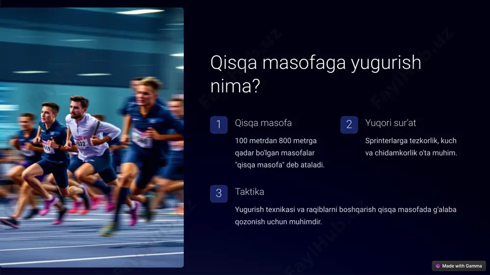 nib borar ekan, yuklamalarni oshirb borish. 9 natijalarni tahlil qilish vaqt masofa sur'at chidamkorlik 10 sek 100 m 10 m/s yaxshi 20 sek 200 m 12 m/s o'rtacha 30 sek 400 m 15 m/s yomon natijalar tahlili asosida keyingi bosqichlar uchun yangi maqsadlar va yoʻl-yoʻriqlar belgilanadi. 10 image1.png image2.png image3.png image4.png image5.png image6.png image7.png image8.png image9.png image10.png image11.png image12.png image13.png image14.png image15.png