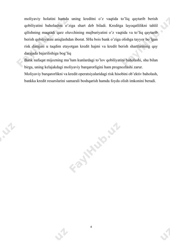 ektori bilan bo’ladigan uchrashuvga olinadigan ssuda, uning ishlatilish maqsadi, summasi, qaytarilish muddati va taqdim qilingan ta’minotini o’z ichiga olgan kredit arizasi bilan keladi. ko’pgina davlatlarda nufuzli banklar kredit arizasi bilan birga bir necha hujjatlarni ko’rib chiqadi, bularga: qarz oluvchi kompaniya (korxona) ta’sis hujjatlarining notarial tasdiqlangan nusxasi; moliyaviy hisobot, korxona balansi va oxirgi uch yil uchun foyda va zarar hisobotini o’z ichiga oladi. balans yil oxirigacha tuzilib, unda aktivlar, majburiyatlar va kapital tuzilmasi ko’rsatiladi. foyda va zarar schyoti bir yillik vaqtni o’z ichiga oladi va kompaniya daromadi va harajatlari, sof daromadi, uning rezervga taqsimlanishi va chegirmalar, dividend to’lovlari va h.k.lar to’g’risida batafsil ma’lumot beriladi. kassa tushumlari va harakati to’g’risida hisobot. u ikki hisobot muddatida tuzilgan balanslarning solishtirilishiga asoslan - gandir va u har xil bo’limlar va fondlar harakatida bo’ladigan o’zgarishlarni ko’rishga yordam beradi. hisobot resurslari defitsitini, ishlatilishini, foizlar uchun mablag’lar bo’shash vaqti va kassa tushumlarining defitsitini yuzaga kelishi va h.k. ning …
