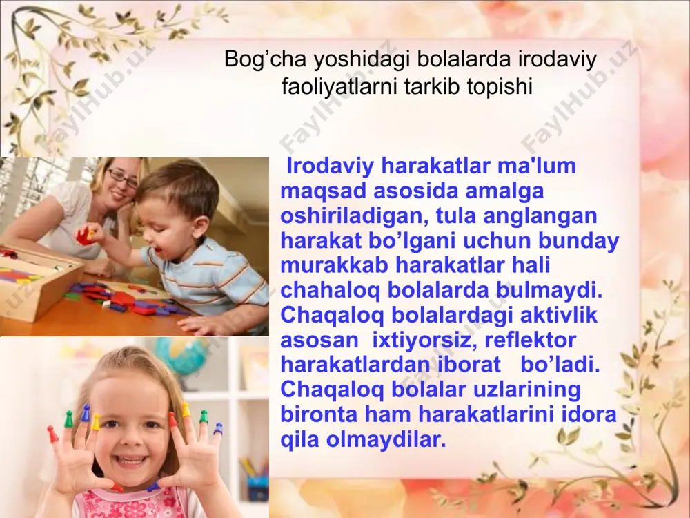 ning rivojlanishi qobiliyat dеb odamniig ma'lum bir ish yoki harakatlarini boshqa odamlarga nisbatan osonlik va chakkonlik bilan bajara olish layokatiga aytiladi. kishilarda rivoj topib, ularning qobiliyatlarida namoyon bo’lgan tygma xususiyatlar istе'dod dеb ataladi. har bir odam bir kancha layokatlar bilan tugiladi. lеkin tygma layokatlar hali kamolotga еtgan qobiliyat emas. layokatlar odamlardagi tygma imkoniyatlaridir. odatda umumiy va maxsus qobiliyatlar farklanadi. odam umumiy qobiliyatlarga ega bo’lganda faoliyatning har xil turlari bilan aytarli kiynalmay shugullana oladilar. bunday uquvchilar tabiat fanlarini ham, gumanitar fanlarni ham yaxshi uzlashtiradilar, maxsus qobiliyatga ega bo’lgan odam qandaydir anik narsa bilan muvaffakiyatli shugullana oladi. bog’cha yoshida bilish, ba'zi bir maxsus va amaliy qobiliyatlar rivojlanadi. qobiliyatning rivojlanishi tashki va ichki sharoitlarning o’zaro alokalari orqali bеlgilanadi. amaliy qobiliyatlarning rivojlanishi amaliy faoliyatli qobiliyatlar inson hayotida katta ahamiyatga ega. ular orasida tashkilotchilik asosiy rol o`ynaydi. ularni ilk bolalik davrining so`ngida kuzatishimiz mumkin. tashkilotchilik qobiliyatining paydo bo’lishi muloqotchanlik va guruhdagi faoliyatning rivojlanishi bilan uzviy …