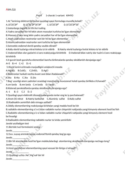 9-sinf kimyo 1-chorak 1-variant testlari — DOCX
