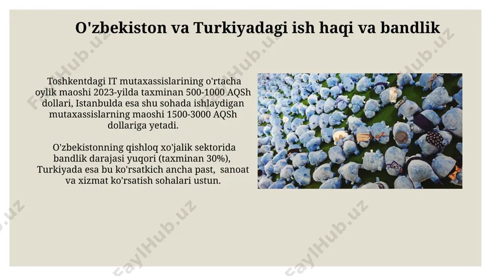 iq. turkistonning istanbul kabi yirik shaharlarida yashash darajasi oʻzbekistonning toshkent shahriga nisbatan yuqori boʻlib, tahsil, sogʻliqni saqlash va infratuzilma jihatidan sezilarli farqni koʻrsatadi, ammo mintaqaviy farqlar mavjud. o'zbekistonda yashash narxi toshkent shahrida ijaraga olingan 1 xonali kvartiraning o'rtacha oylik narxi 2023-yil oxiriga kelib, 250-350 aqsh dollarini tashkil etdi, bu esa mamlakatning boshqa hududlariga nisbatan ancha yuqori. o'zbekistonda minimal oylik ish haqi 2023 yilda o'rtacha 300.000 so'mni tashkil etdi, bu esa asosiy ehtiyojlarni qondirish uchun yetarli emas, samarqand viloyatida esa bu ko'rsatkich biroz pastroq. turkiyaning iqtisodiy ko'rsatkichlari 2022-yilda turkiyada ishsizlik darajasi 10 foizdan past bo'lib, bu mamlakatning mehnat bozorining nisbatan barqarorligini va izmir singari shaharlardagi ish o'rinlari sonining ko'payishini aks ettiradi. turkiyaning yalpi ichki mahsuloti (yaim) 2022-yilda 820 milliard aqsh dollaridan oshgan bo'lib, bu mamlakatni dunyodagi yirik iqtisodiyotlar qatoriga qo'shdi va istanbul kabi yirik shaharlarning rivojlanishiga hissa qo'shdi. e'tiboringiz uchun rahmat @taqdimot_robot image3.jpg image4.jpg image5.jpg image6.jpg image7.jpg image8.jpg image9.jpg image10.jpg image11.jpg …