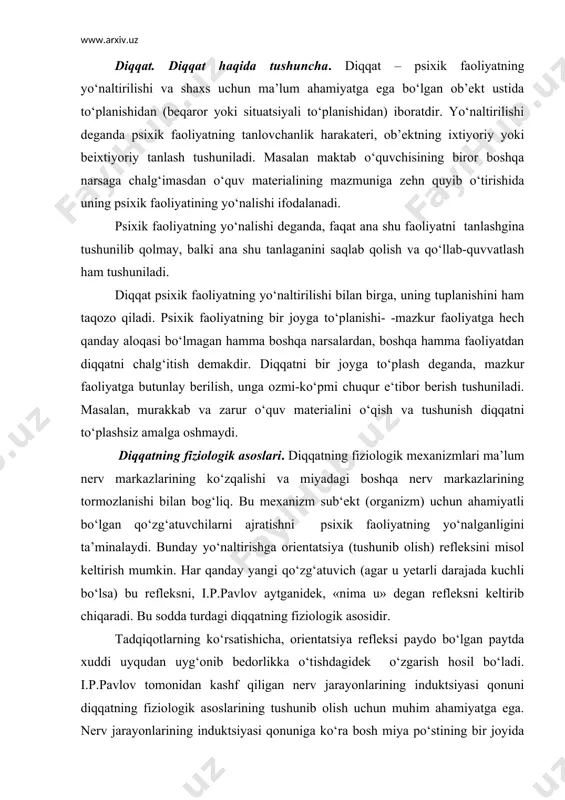 a refleksi paydo bo‘lgan paytda xuddi uyqudan uyg‘onib bedorlikka o‘tishdagidek o‘zgarish hosil bo‘ladi. i.p.pavlov tomonidan kashf qiligan nerv jarayonlarining induktsiyasi qonuni diqqatning fiziologik asoslarining tushunib olish uchun muhim ahamiyatga ega. nerv jarayonlarining induktsiyasi qonuniga ko‘ra bosh miya po‘stining bir joyida maydonga kelgan ko‘zg‘alish jarayonlari bosh miya po‘stining boshqa joylarida tormozalnish jarayonini yuzaga keltiradi. va aksincha bosh miya po‘stining bir joyida maydonga kelgan ko‘zg‘alish jarayonlari bosh miya po‘stining boshqa joylarida tormozalnish jarayonini yuzaga keltiradi. a.a.uxtomskiy tomonidan ilgari surilgan dominantlik printsipi ham diqqatning fiziologik asoslarini tushunishda muhim rol o‘ynaydi. bu printsipga asosan, miyada ko‘zg‘alishining har doim ustun turadigan hukmron o‘chog‘i mavjud, bu hukmron ko‘zg‘alish o‘chog‘i ayni paytda miyaga ta’sir qilib, unda yuzaga kelayotgan hamma ko‘zg‘alishlarni qandaydir ravishda o‘ziga tortib oladi va buning natijasida boshqa ko‘zg‘alishlarga nisbatan uning hukmronligi yanada oshib boradi. bunday ko‘zg‘alish o‘chog‘ining paydo bo‘lish asosi mazkur qo‘zg‘atuvchining kuchigagina bog‘liq bo‘lmay, balki nerv sistemasining ichki holatiga ham bog‘liq bo‘ladi. bu hol …